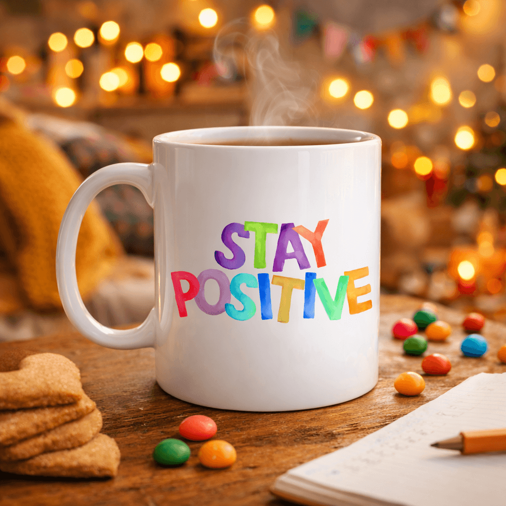 Stay Positive Baskılı Porselen Kupa MODEL 158 – Renkli Motivasyon Yazılı Kahve Kupası – Pozitif Mesajlı Hediye Kupa