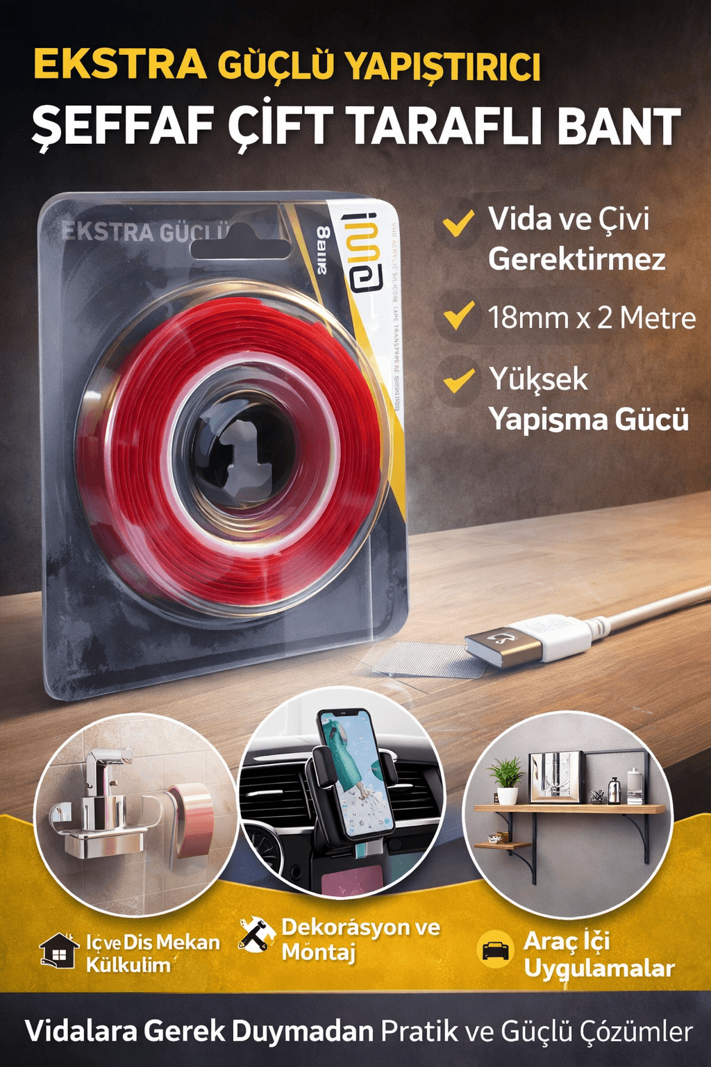 VHB Akrilik Silikon Bant 18mm x 2 Metre Şeffaf Çift Taraflı Güçlü Yapıştırıcı Bant
