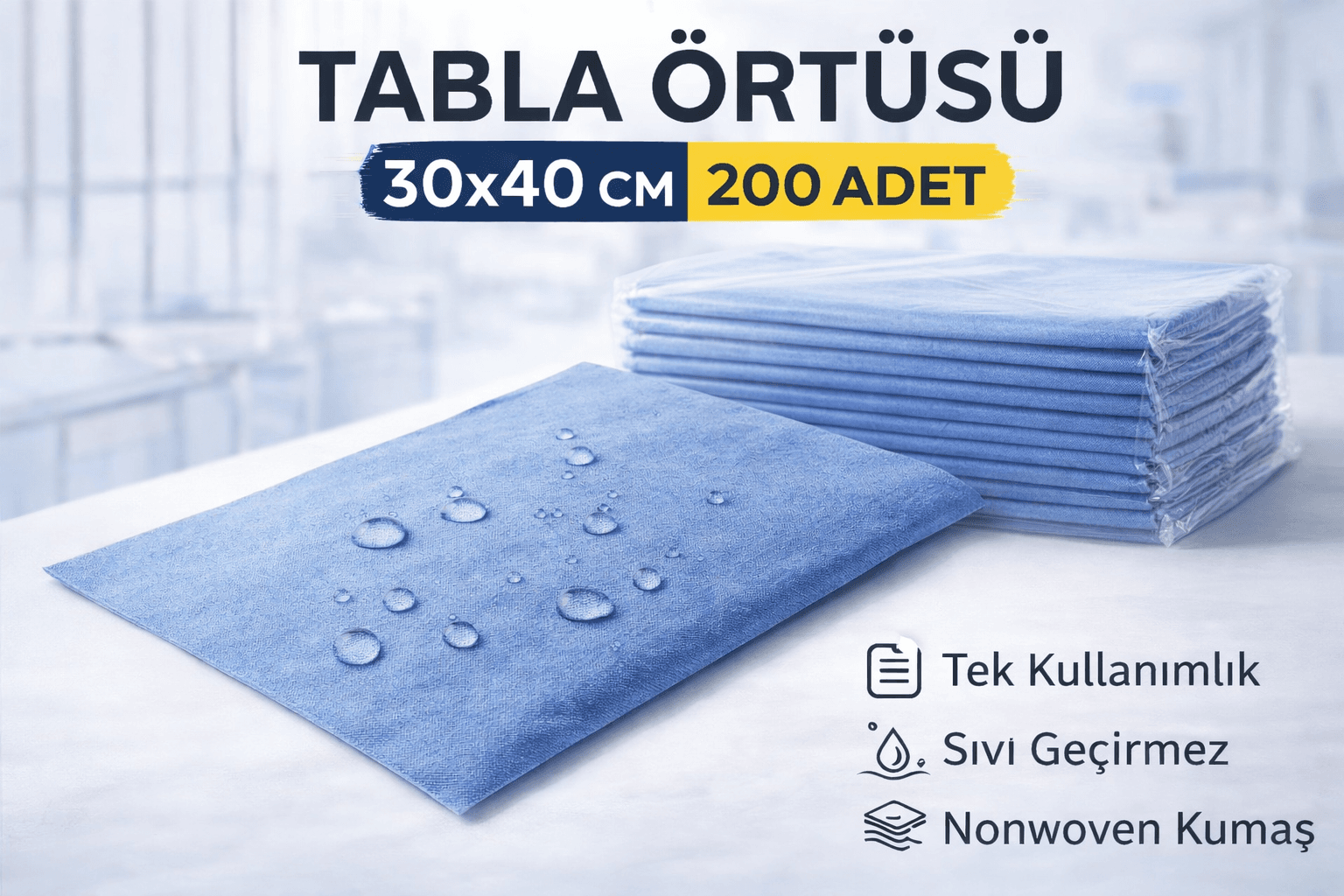 Tabla Örtüsü 30x40 Cm 200 Yaprak Tek Kullanımlık Sıvı Geçirmez Nonwoven Örtü