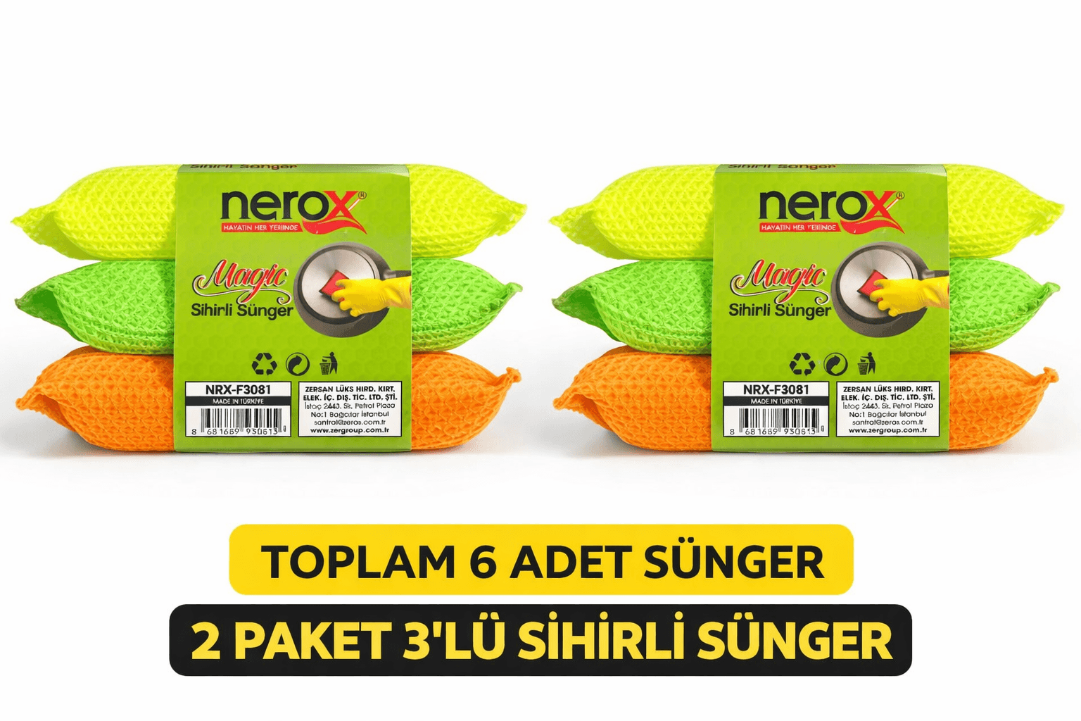 Nerox Magic Sihirli Sünger 3'lü 2 Paket Toplam 6 Adet Çok Amaçlı Temizlik Süngeri Mutfak Bulaşık Banyo Temizlik Süngeri
