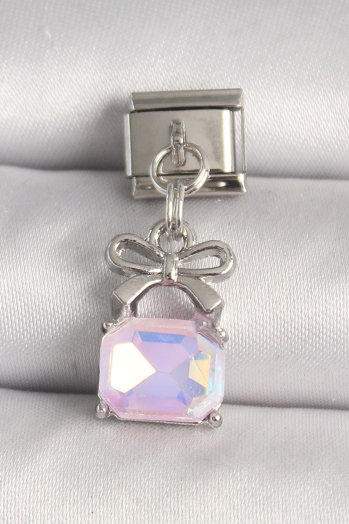 316L Çelik Gümüş Renk Pembe Zirkon Taşlı Çanta Model Charm