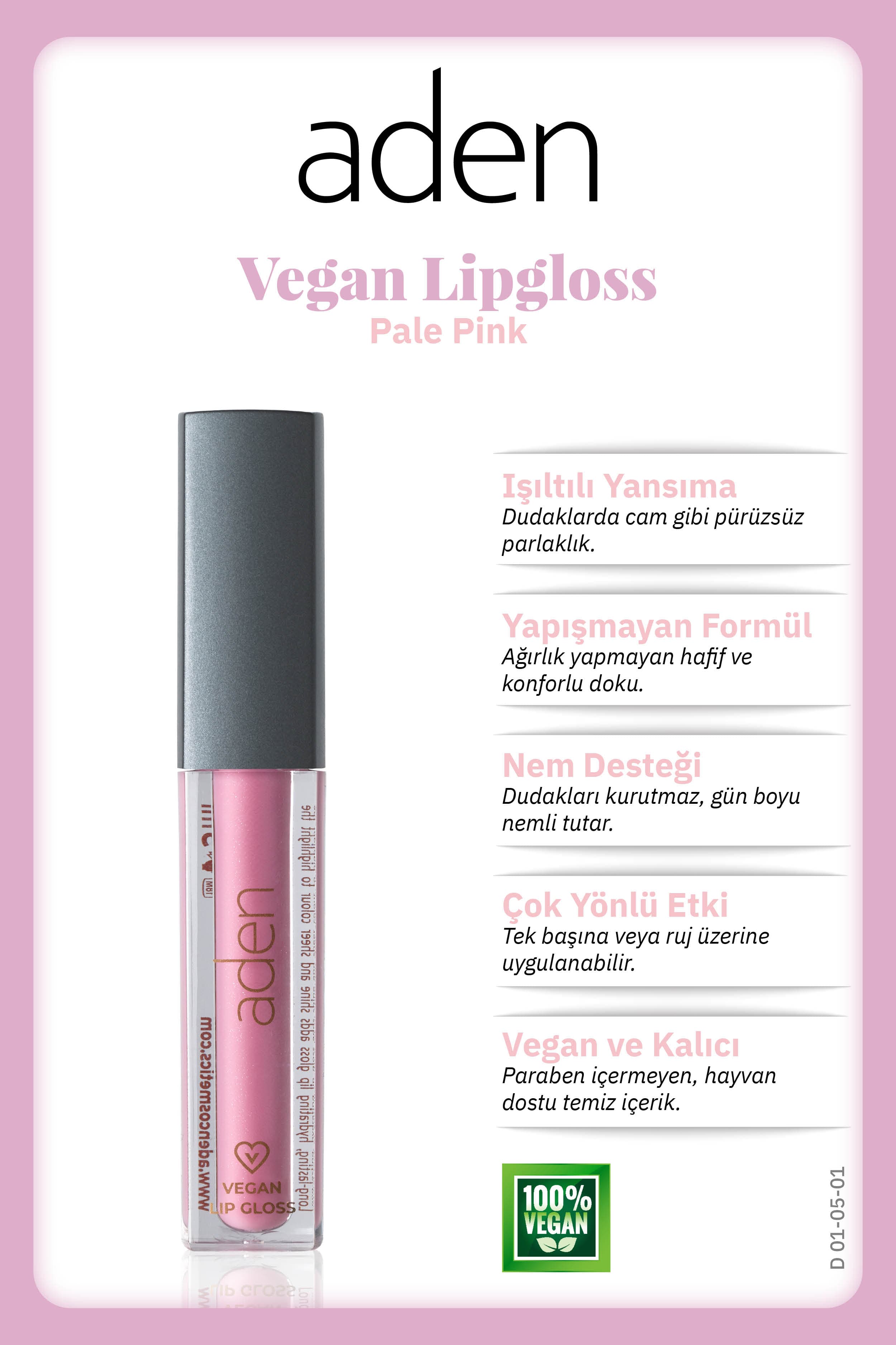 Aden Vegan Lipgloss - Vegan Dudak Parlatıcısı 01 Pale Pink(Soluk Pembe)