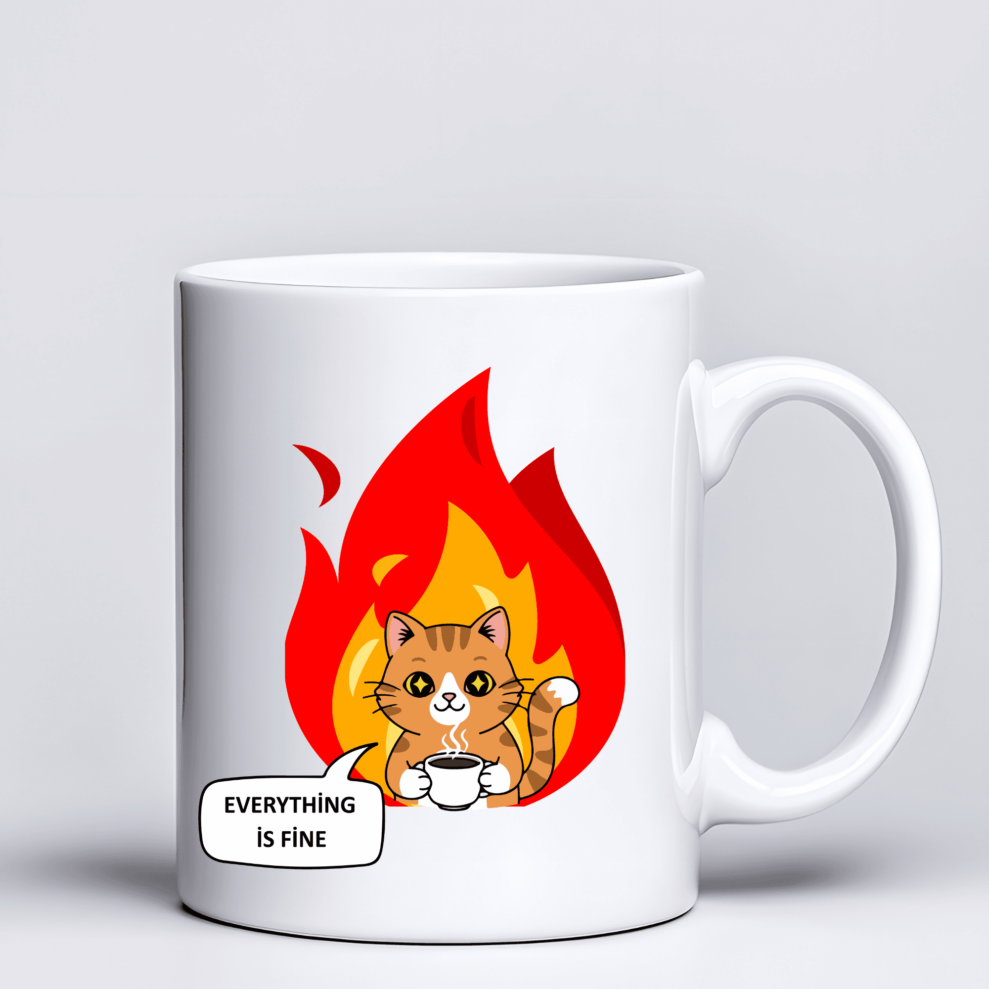 Everything Is Fine Yazılı Kedi Tasarımlı Kupa Model 234 Mizahi Baskılı Seramik Kahve Kupası