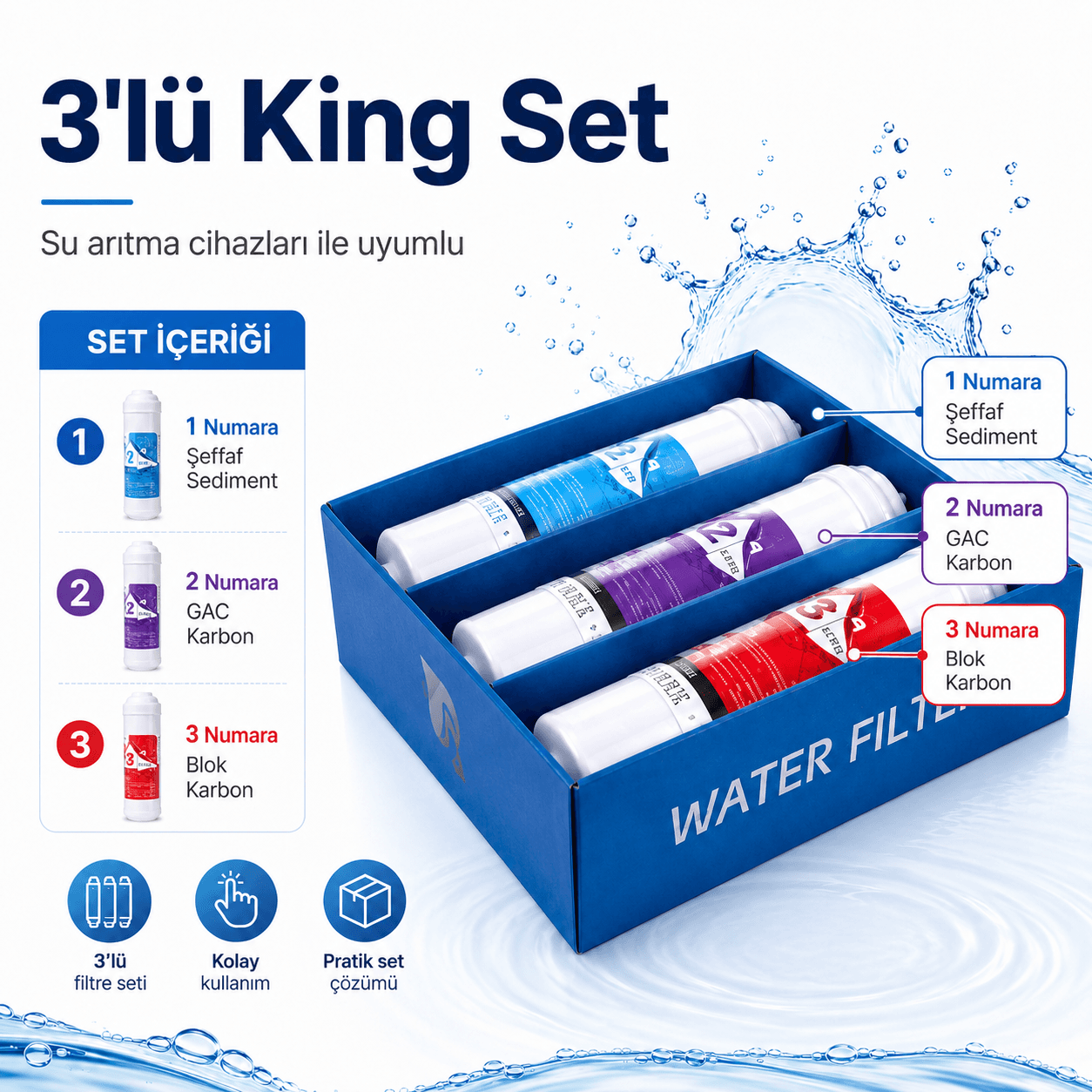 3’lü King Su Arıtma Filtre Seti Sediment GAC ve Blok Karbon 408694613