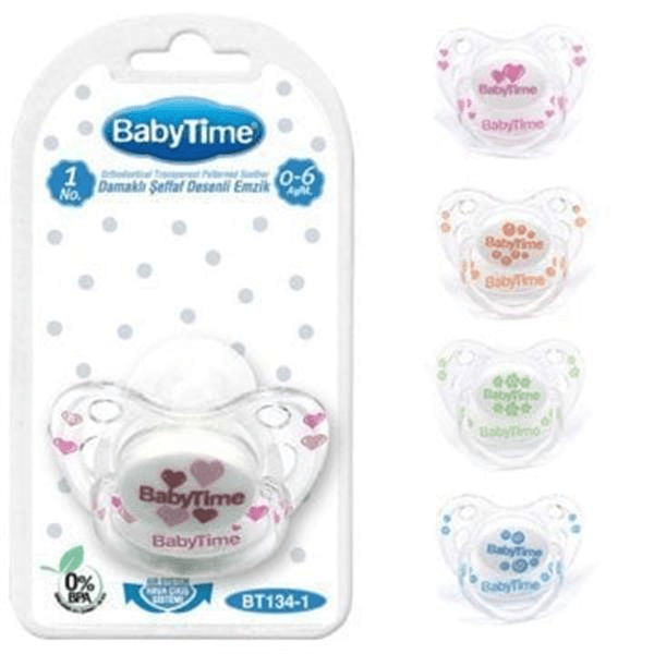 BabyTime Silikon Damaklı Koruyucu Kapaklı Şeffaf Gövdeli Desenli Emzik N.1 BT134-1