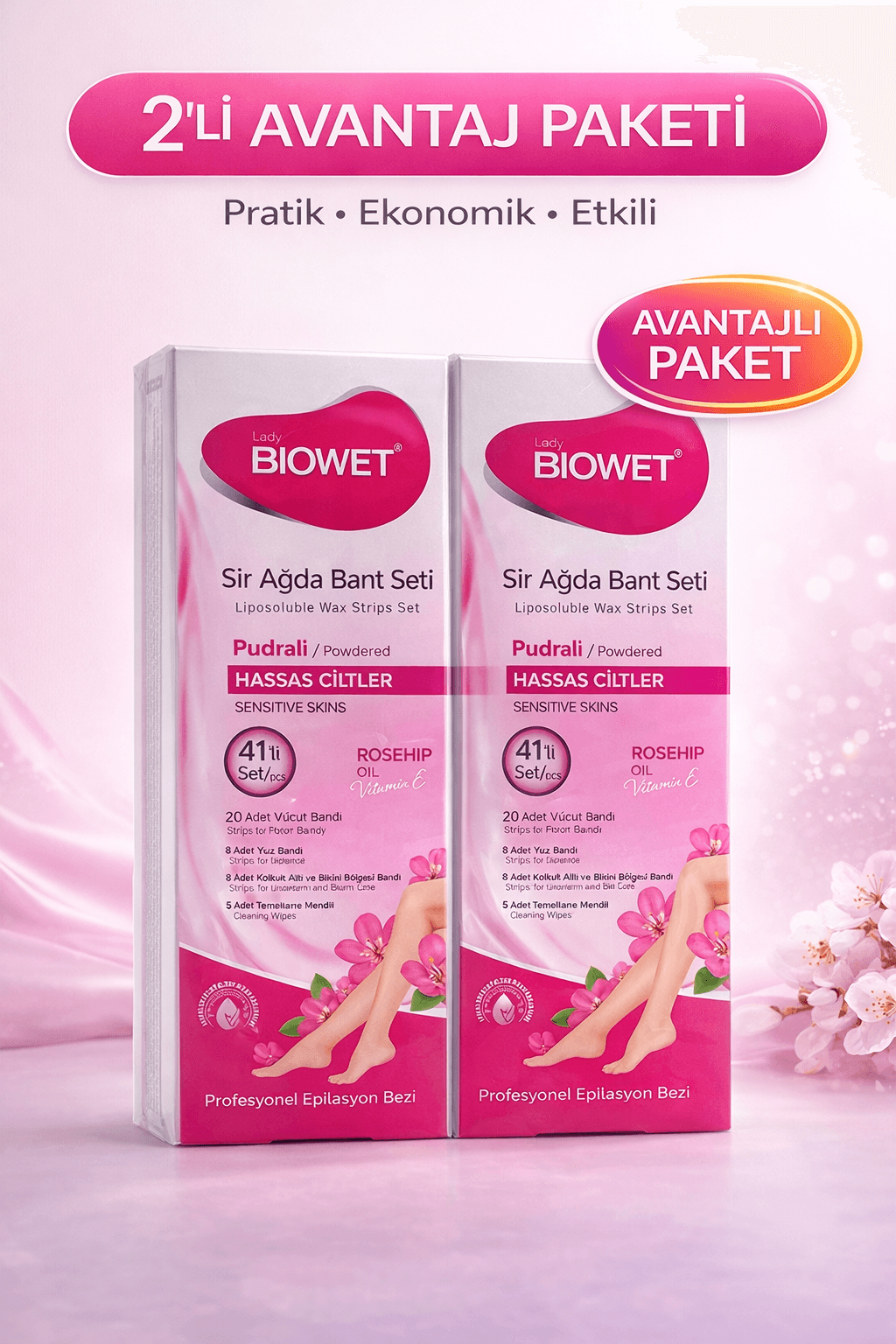 Biowet Pudralı Sir Ağda Bant Seti 41’li Hassas Ciltler İçin Rosehip Vitamin E Epilasyon Seti 2 Paket