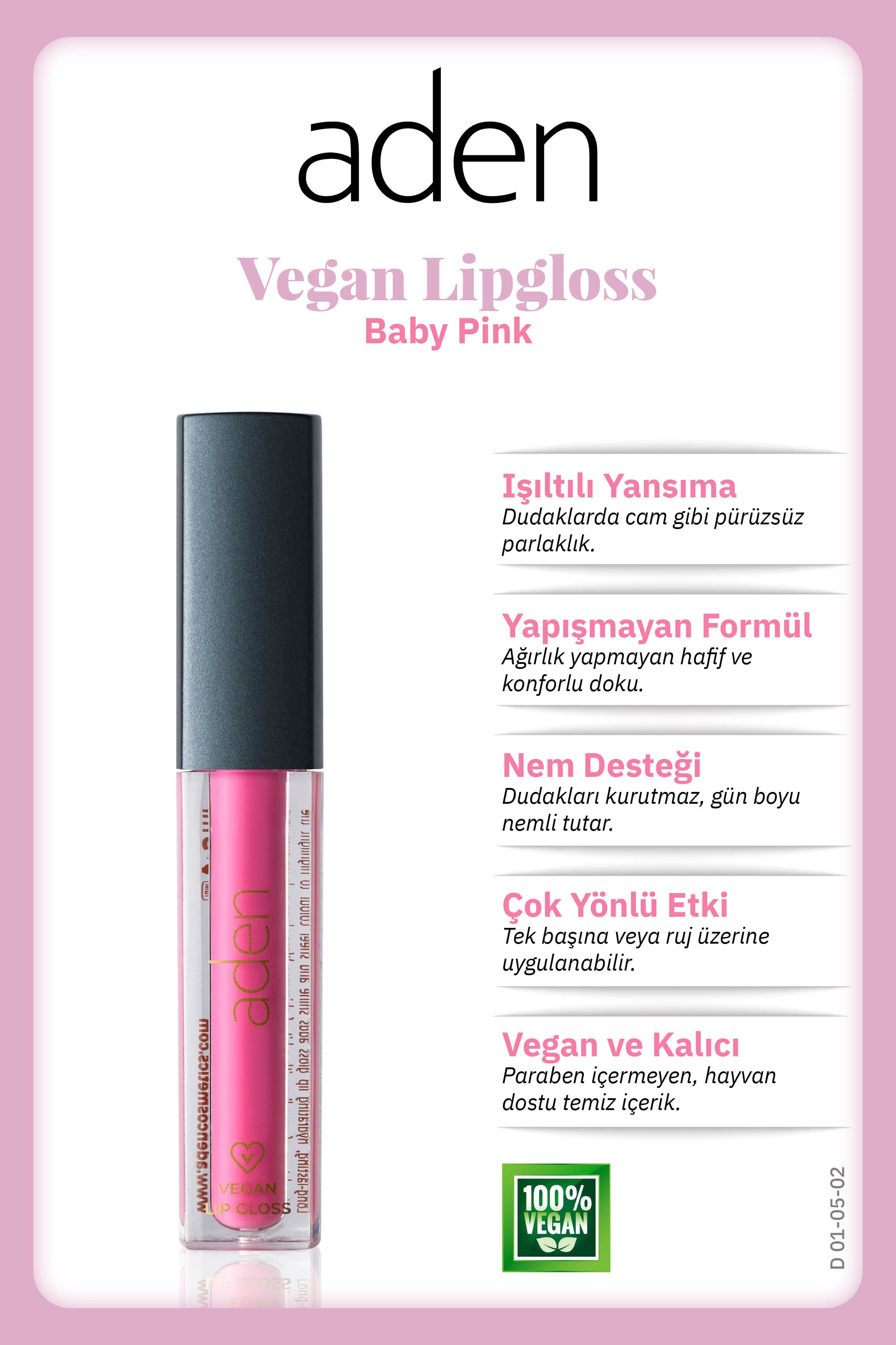 Aden Vegan Lipgloss - Vegan Dudak Parlatıcısı 02 Baby Pink(Bebek Pembesi)