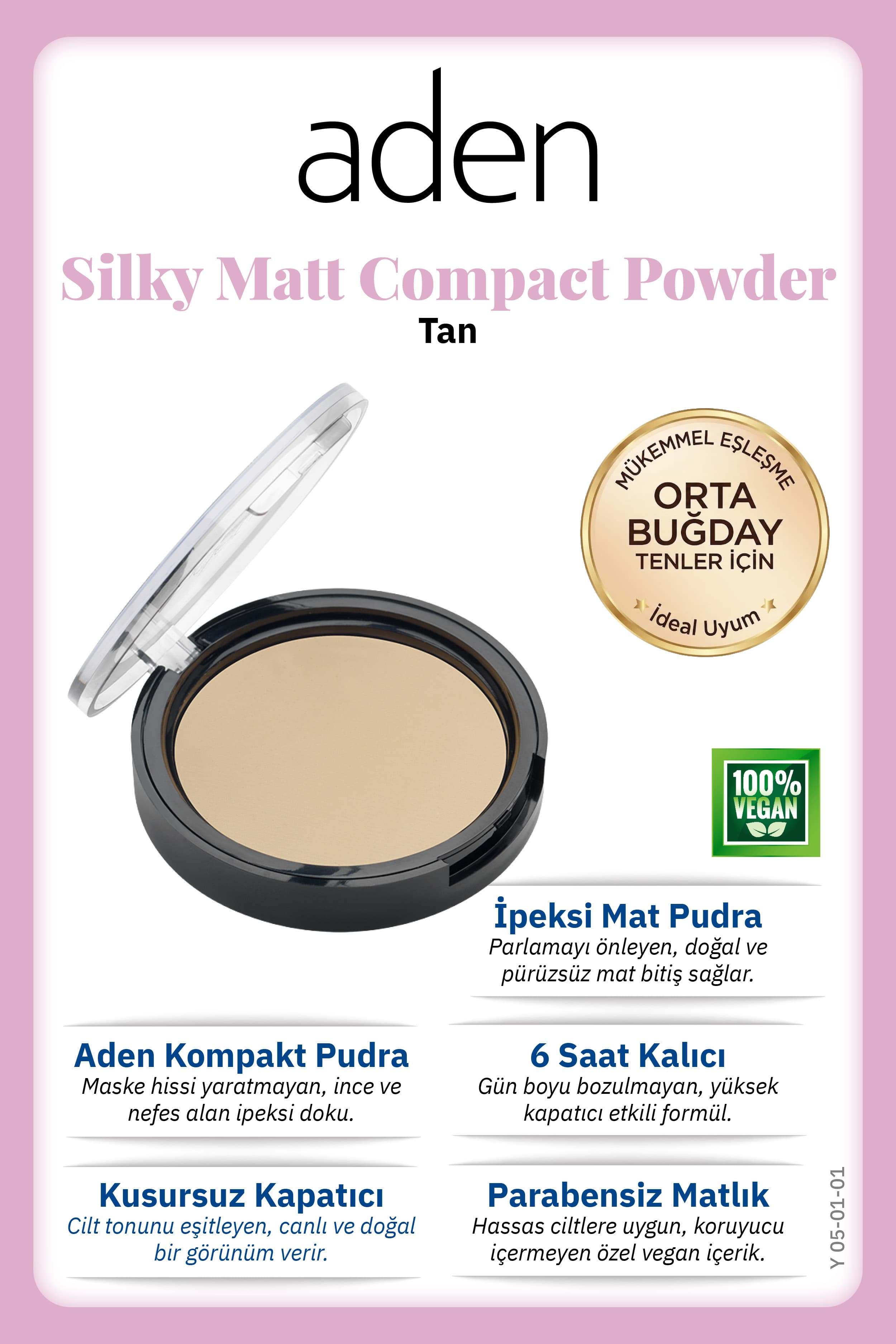 Aden Silky Matt Compact Powder - İpeksi Mat Pudra 01 Tan(Bronz)