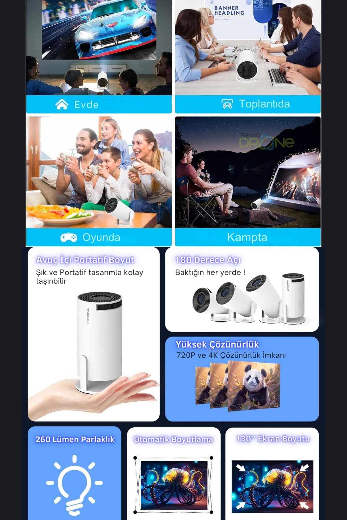 HY300 Mini Projeksiyon 4K Destekli - Android WiFi Bluetooth