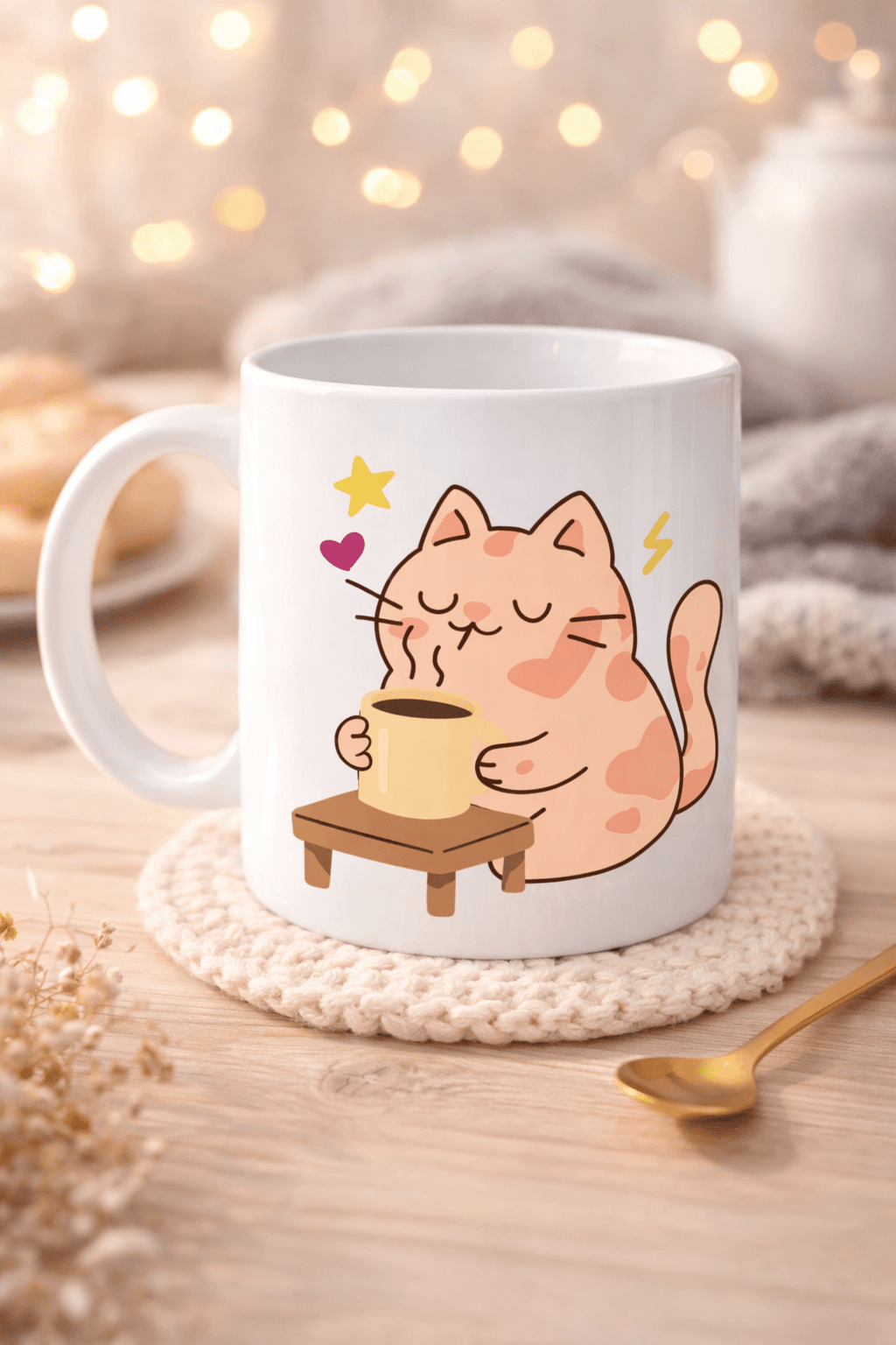 Sevimli Kedi Tasarımlı Porselen Kupa MODEL 196 – Kahve İçen Kedi Baskılı Porselen Kahve Kupası – Kedi Severlere Hediyelik Porselen Kupa Bardak 330 ml