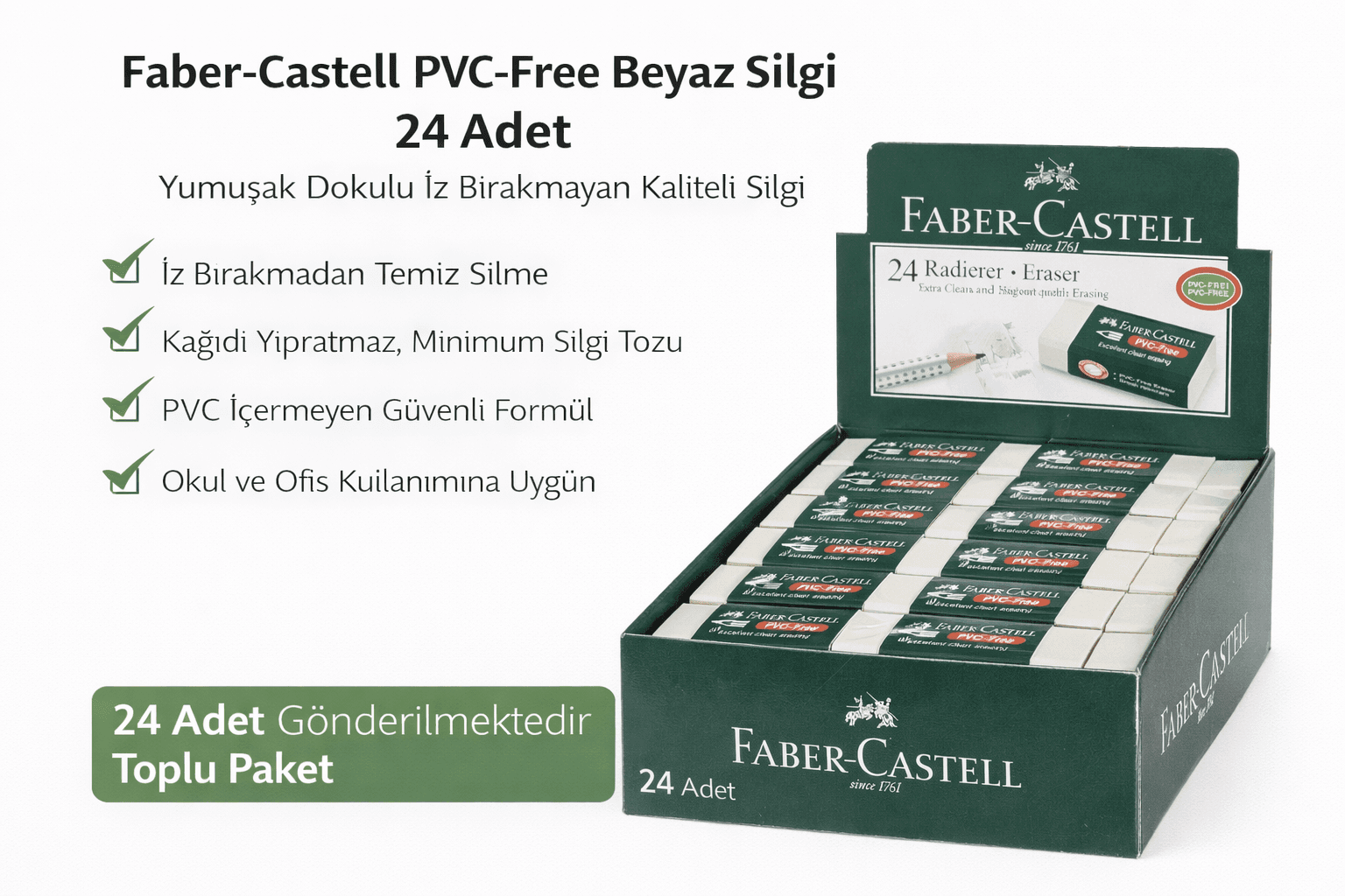 No24 PVC Free Beyaz Silgi 24 Adet Standlı Kutu İz Bırakmayan Yumuşak Okul Ofis Silgisi