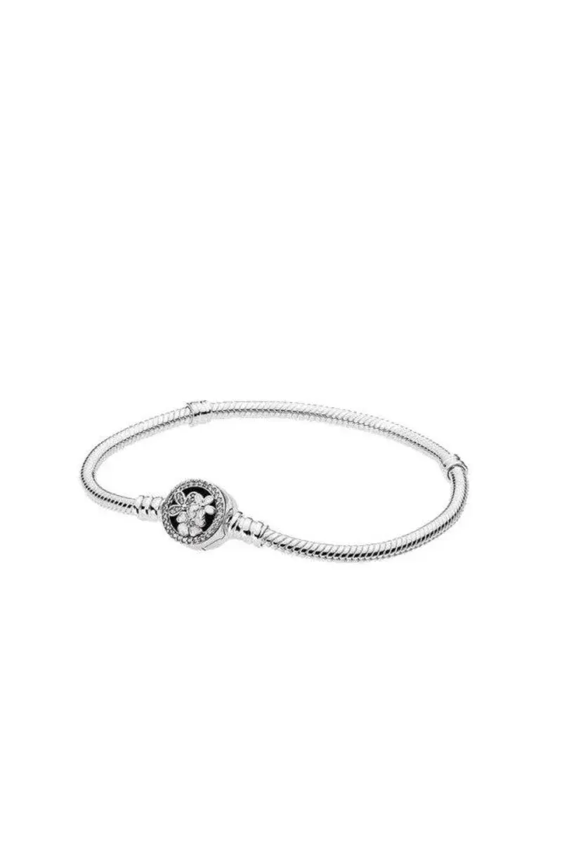 Charm Uyumlu 925 Ayar Gümüş Çiçek Desenli Yılan Gümüş Bileklik