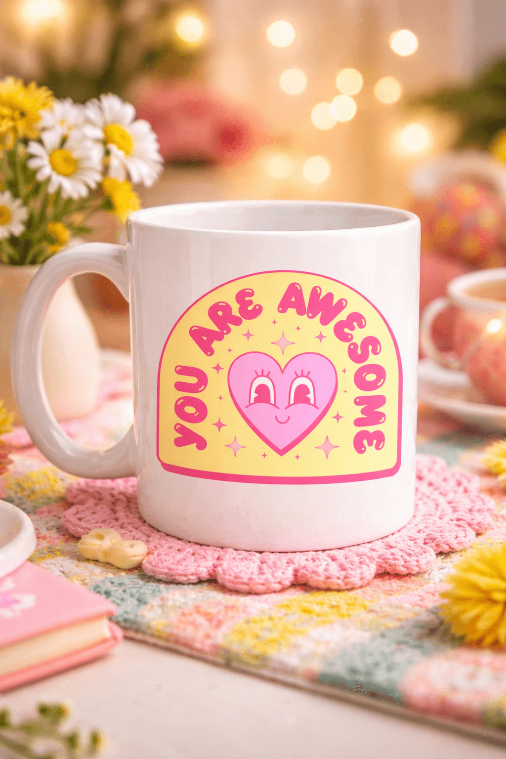 You Are Awesome Yazılı Kalpli Tasarım Porselen Kupa MODEL 187 – Motivasyon Mesajlı Sevimli Kahve Kupası – Hediye Kupa Bardak