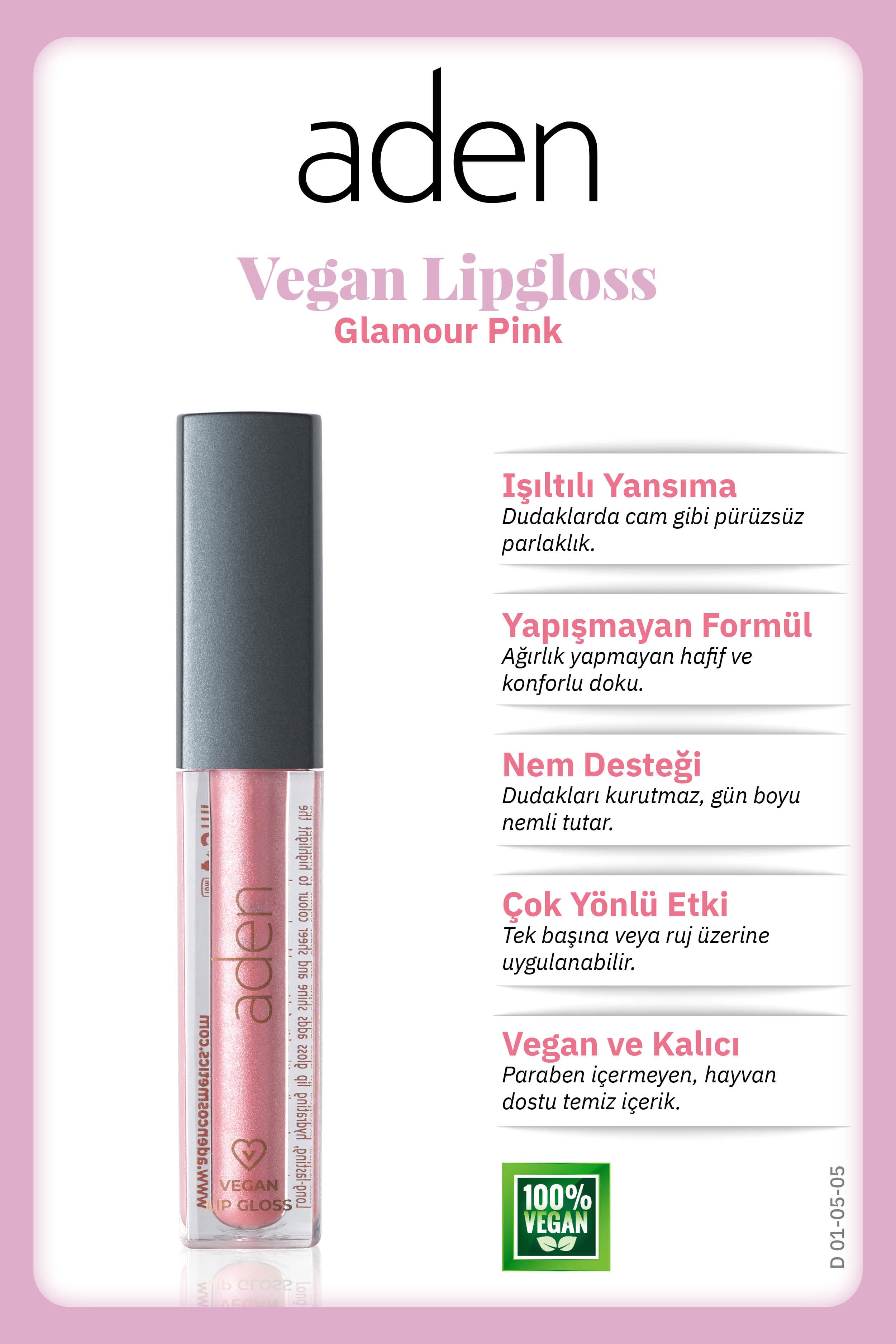 Aden Vegan Lipgloss - Vegan Dudak Parlatıcısı 05 Glamour Pink(Işıltılı Pembe)