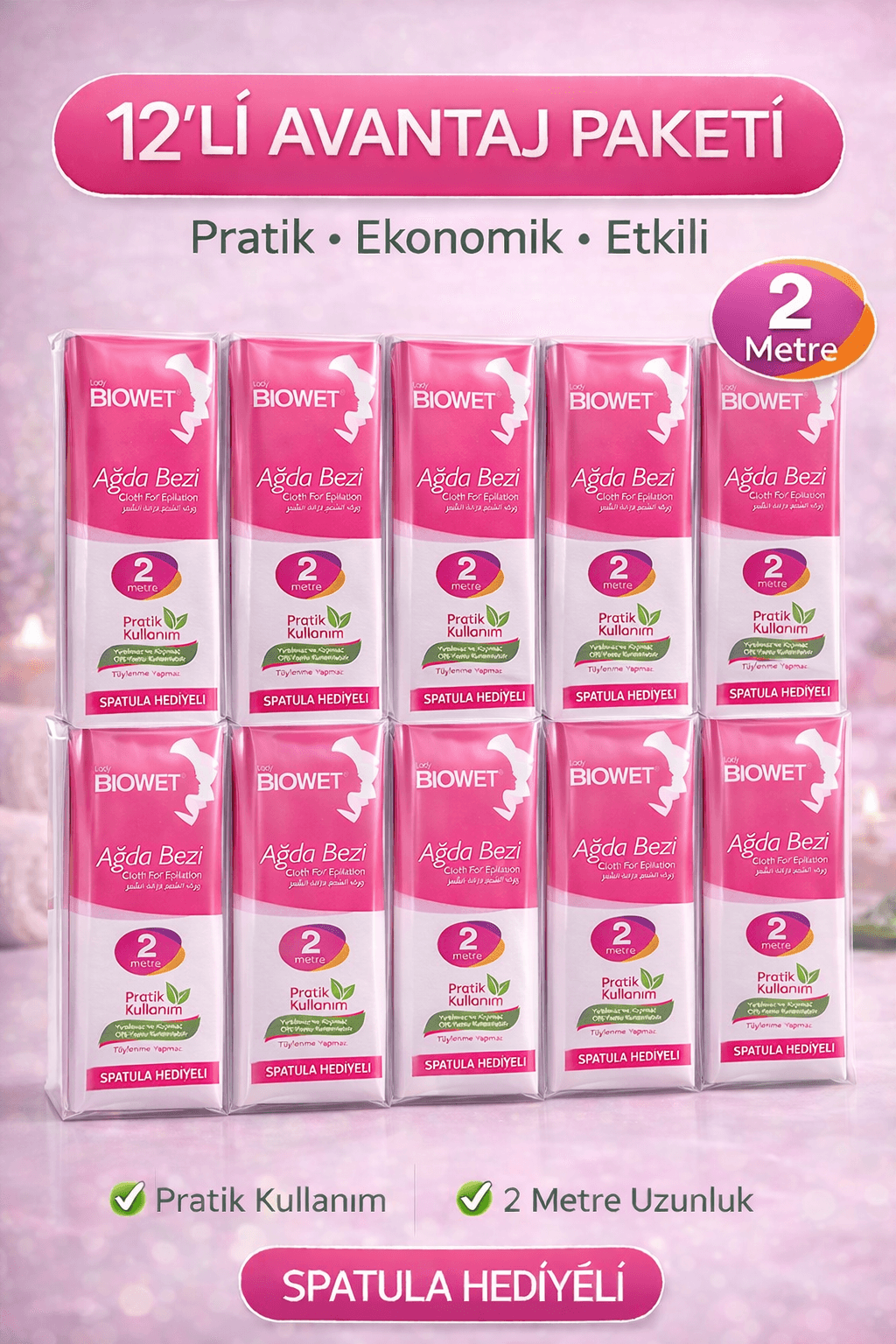 Biowet Ağda Bezi 2 Metre Spatula Hediyeli Epilasyon Bezi Dayanıklı Tüy Dökme Bezi 12 Paket