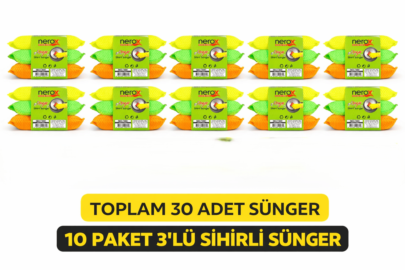 Nerox Magic Sihirli Sünger 3'lü 10 Paket Toplam 30 Adet Çok Amaçlı Temizlik Süngeri Mutfak Bulaşık Banyo Temizlik Süngeri