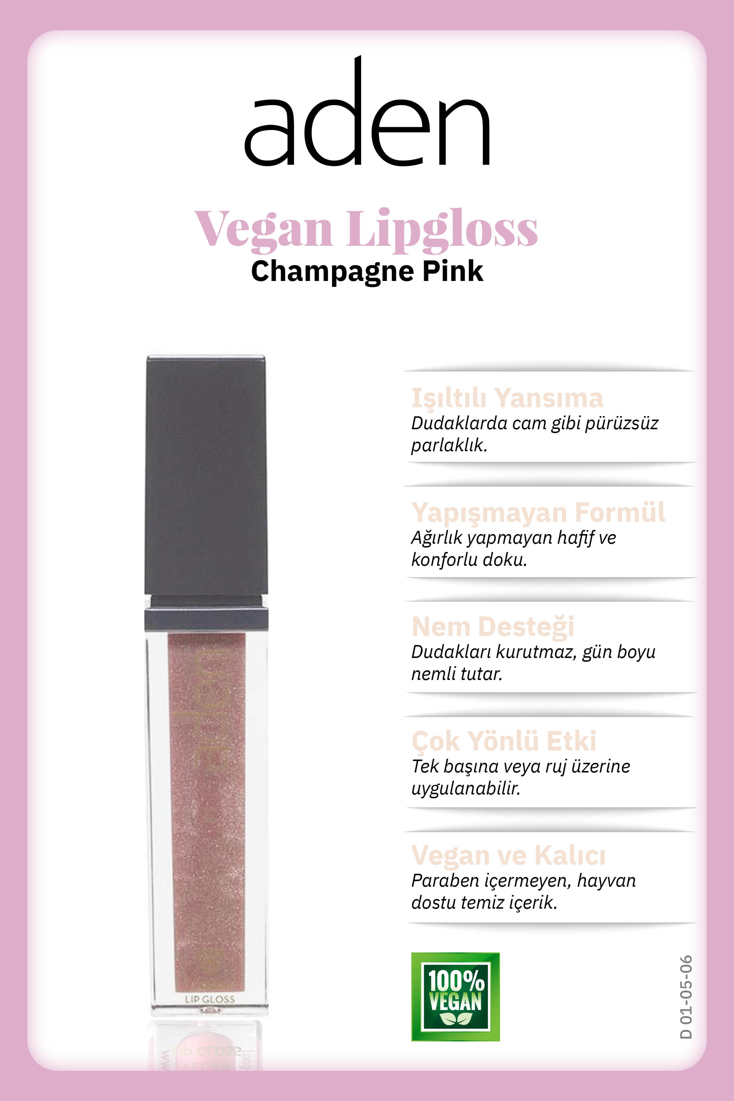 Aden Vegan Lipgloss - Vegan Dudak Parlatıcısı 06 Champagne Pink(Şampanya Pembe)
