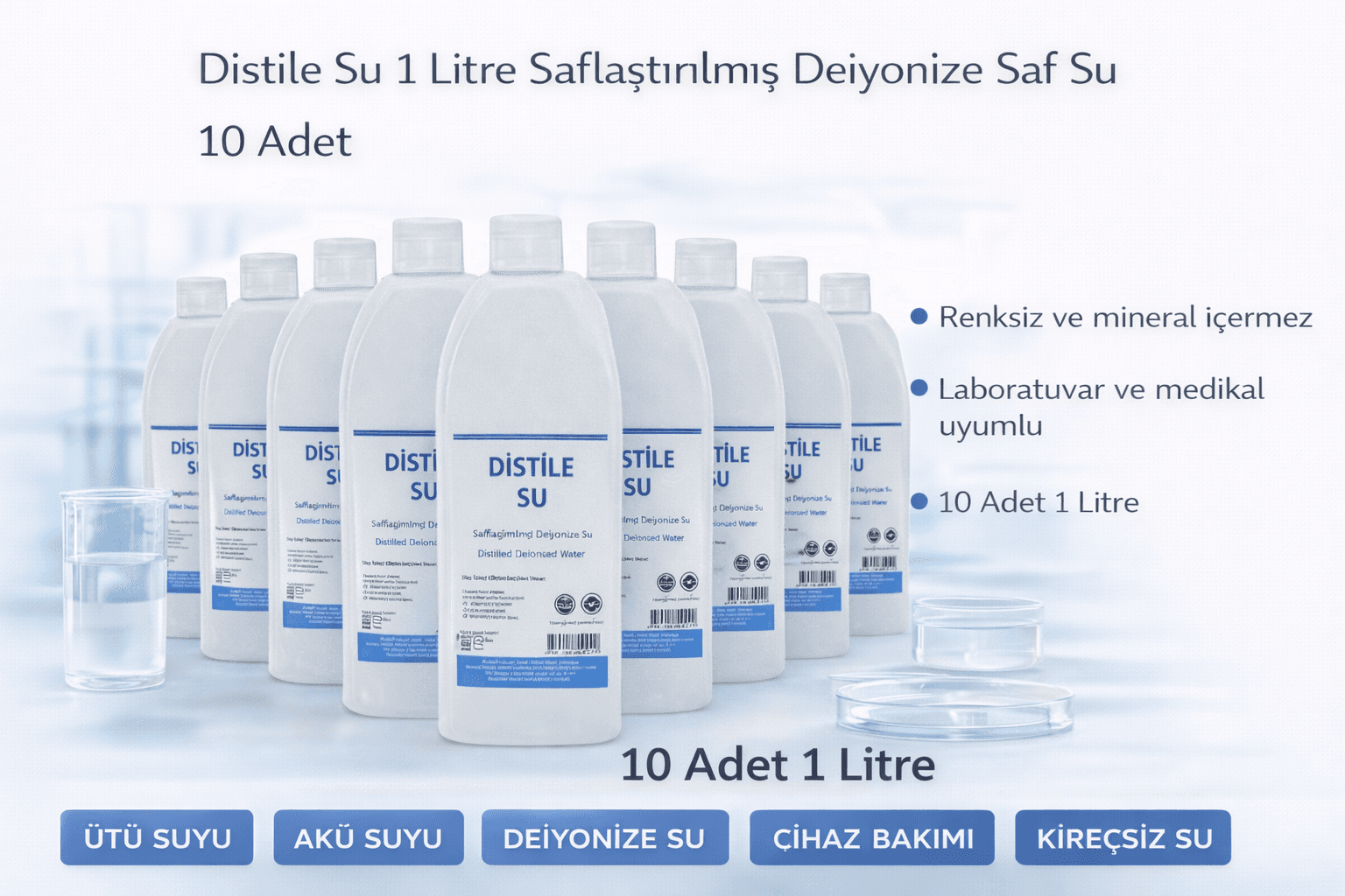 Distile Su 1 Litre Saflaştırılmış Deiyonize Saf Su 10 Adet