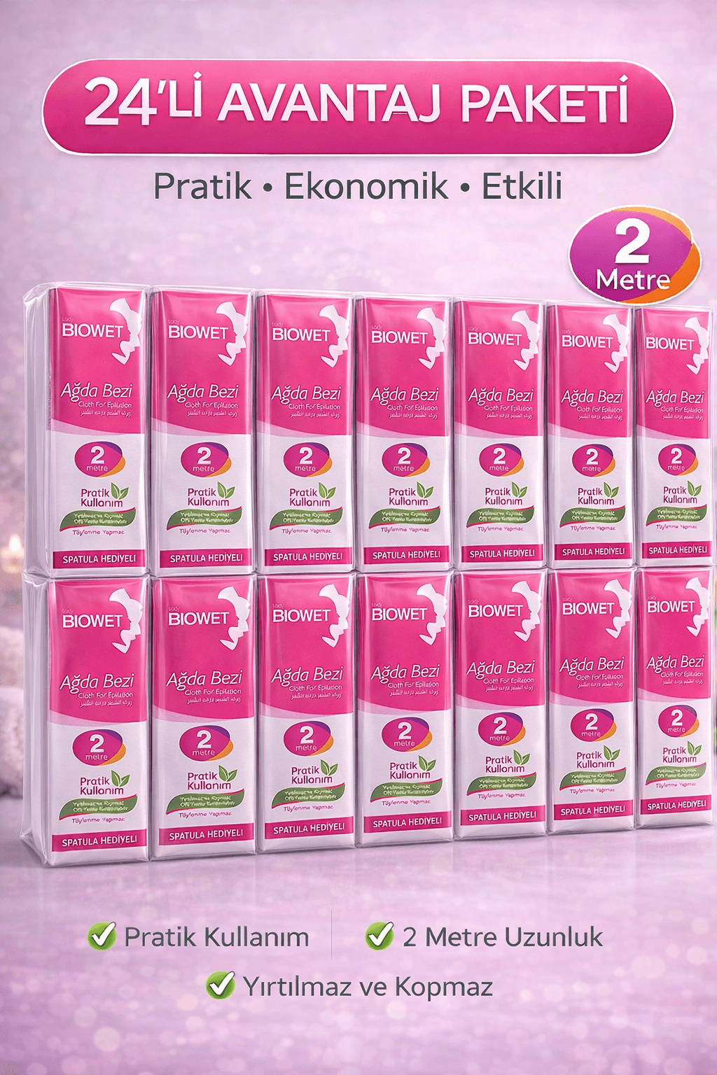 Biowet Ağda Bezi 2 Metre Spatula Hediyeli Epilasyon Bezi Dayanıklı Tüy Dökme Bezi 24 Paket
