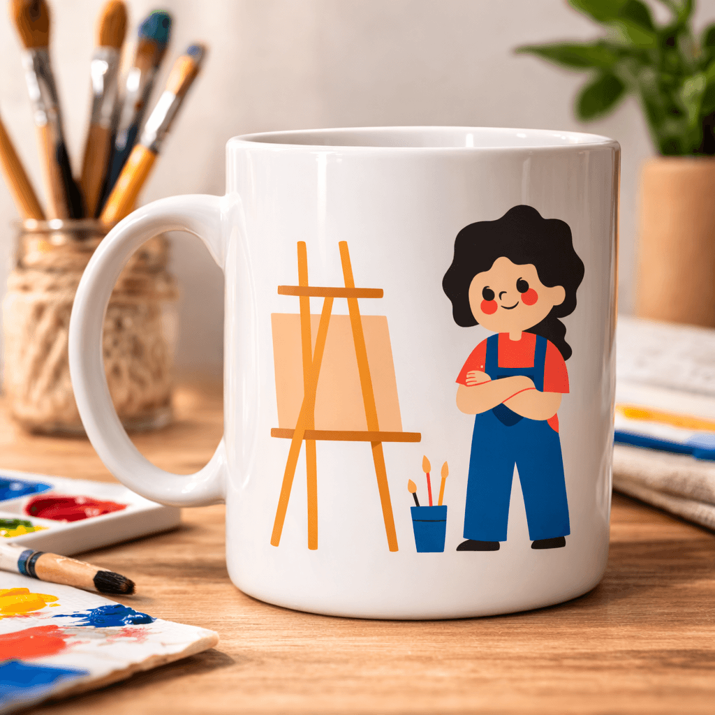 Ressam Tasarımlı Porselen Kupa MODEL 163 – Sanatçı Temalı Kahve Kupası – Ressam Hediyesi – Sanat Severlere Özel Beyaz Kupa