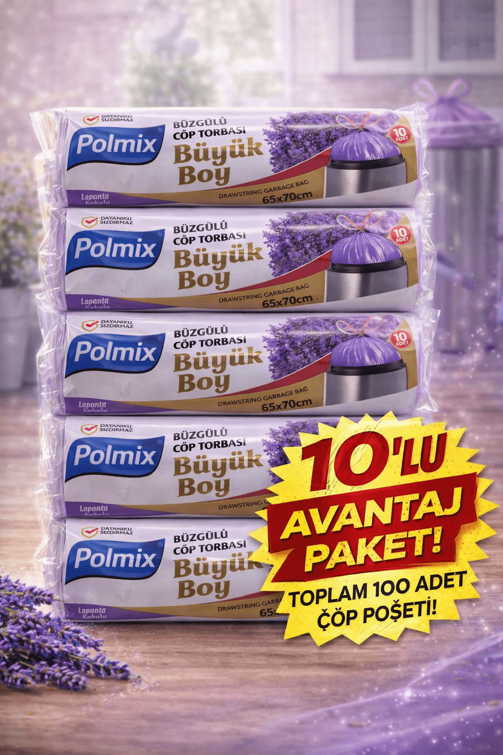 Polmix Lavanta Kokulu Büzgülü Çöp Torbası Büyük Boy 65x70 cm 10'lu 10 Paket Dayanıklı Sızdırmaz Çöp Poşeti