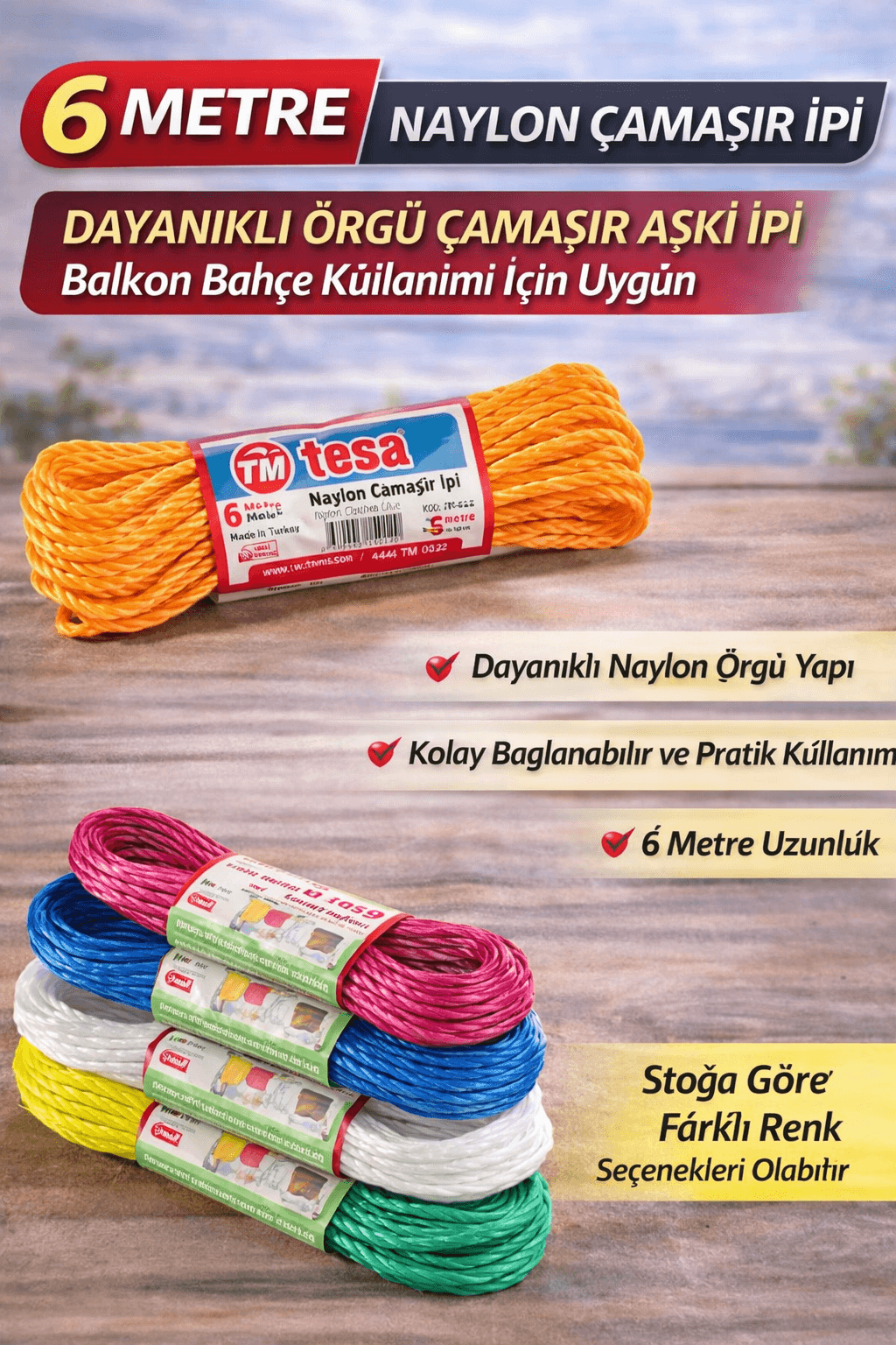 6 Metre Naylon Çamaşır İpi Dayanıklı Örgü Çamaşır Askı İpi Balkon Bahçe Çamaşır İpi 1 Adet