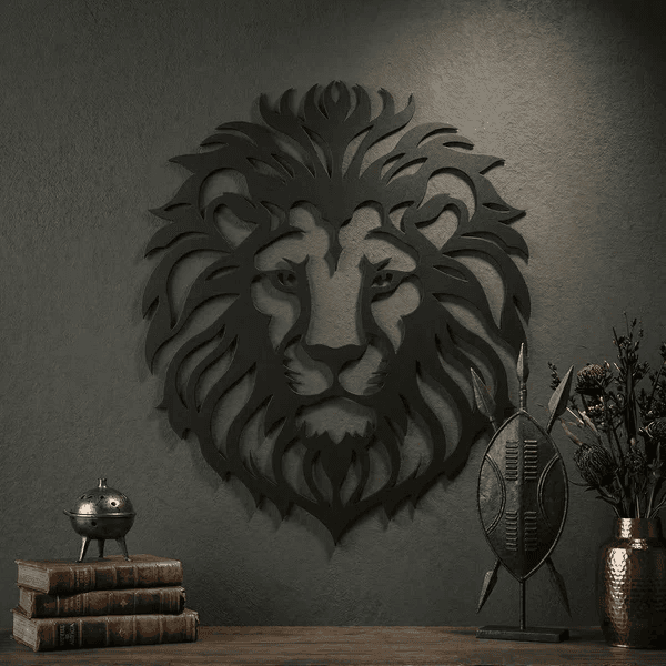 Aslan Başı Duvar Tablosu MDF Lazer Kesim Modern Aslan Figürlü Duvar Süsü Güçlü Dekor