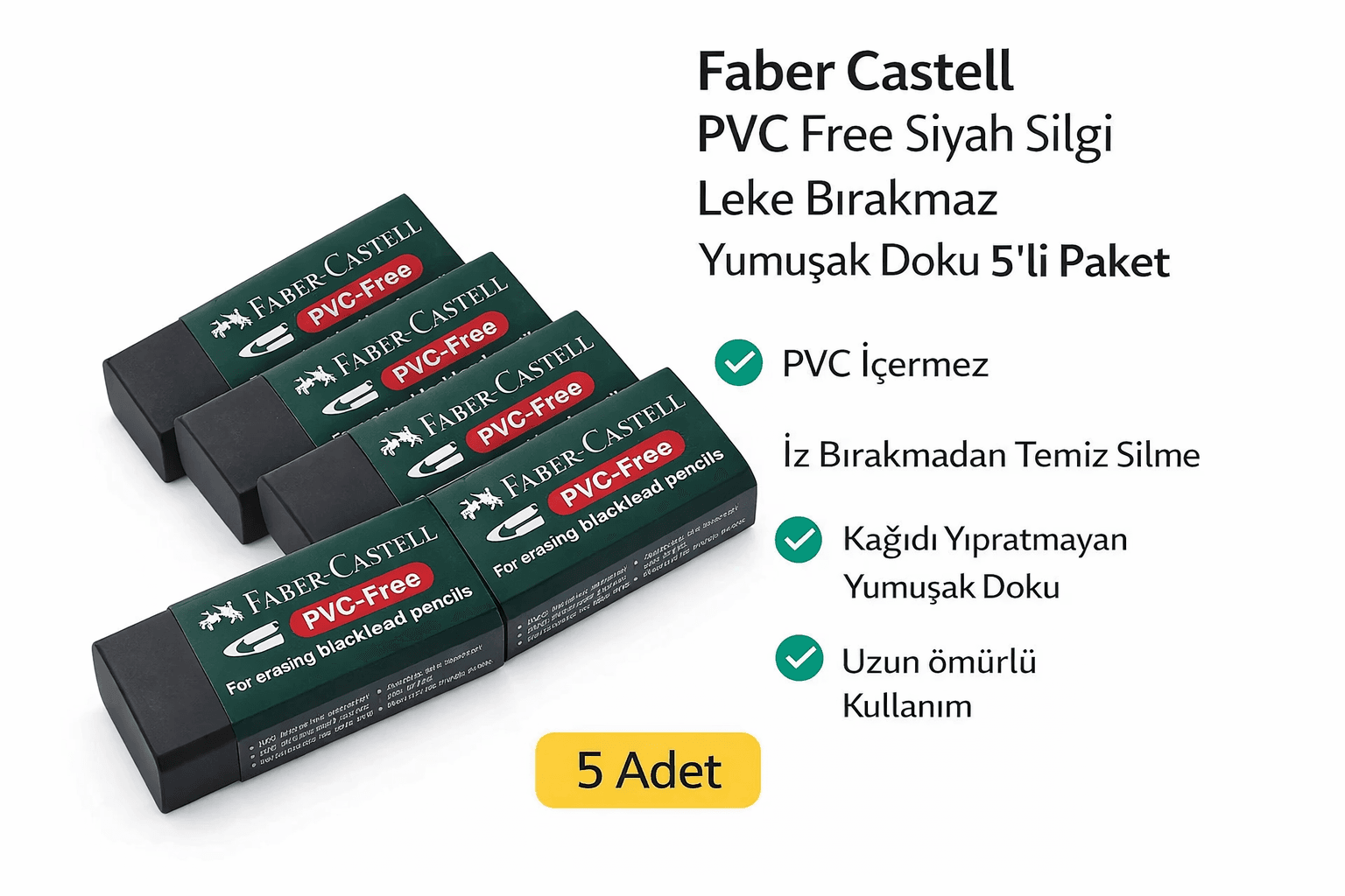 No:30 PVC Free Siyah Silgi 5 Adet Leke Bırakmaz Yumuşak Doku