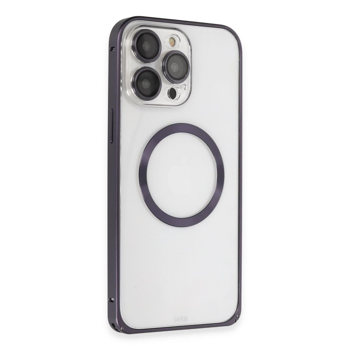 iPhone 14 Pro Kılıf Metal Bumper Magneticsafe Kapak - Derin Mor