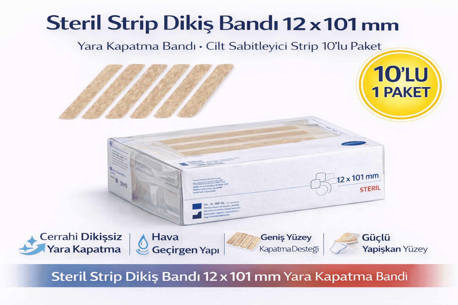 Steril Strip Dikiş Bandı 12 x 101 mm Yara Kapatma Bandı Cilt Sabitleyici Strip 10’lu Paket