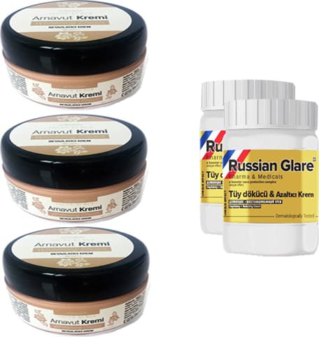 Three Brand Whitening Cream 50 ml Arnavut Kremi Aklık Kremi 3 Adet + Russıan Glare Tüy Dökücü Azaltıcı Merhem 50 ml 2 Adet