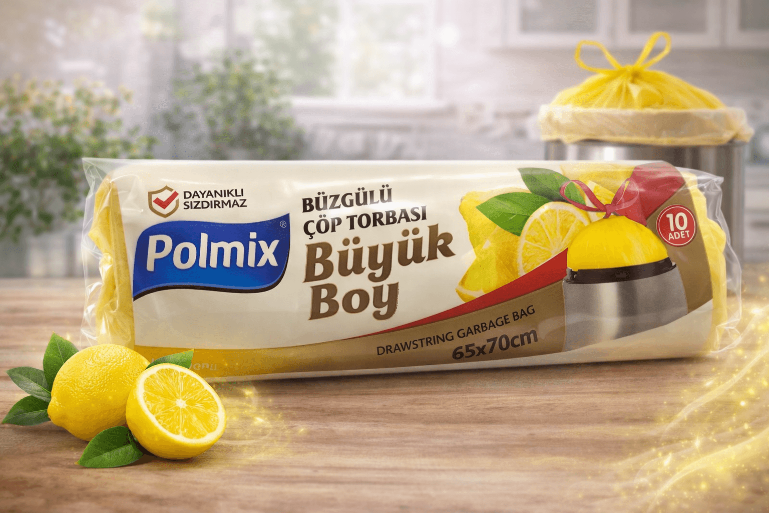 Polmix Limon Kokulu Büzgülü Büyük Boy Çöp Torbası 65x70 cm 10'lu 1 Paket Dayanıklı Sızdırmaz Çöp Poşeti