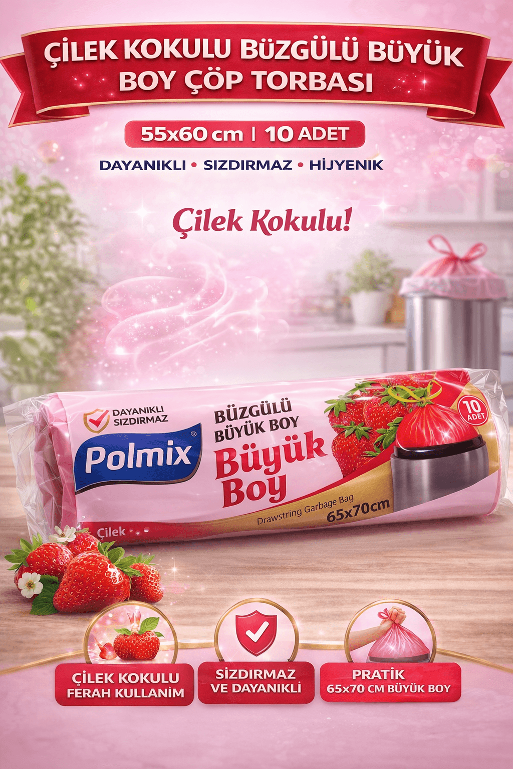 Polmix Çilek Kokulu Büzgülü Büyük Boy Çöp Torbası 65x70 cm 10'lu 1 Paket Dayanıklı Sızdırmaz Çöp Poşeti