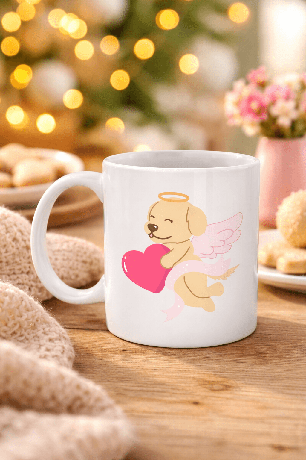Melek Golden Retriever Köpek Tasarımlı Porselen Kupa MODEL 55 – Kalpli, Sevgiliye Özel, Sevimli Hediye Kupa