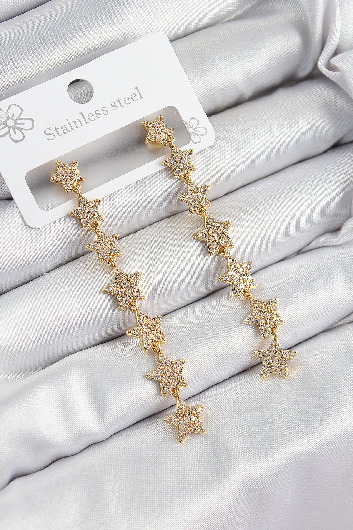 Pirinç Zirkon Taşlı Sallantılı Yıldız Model Gold Renk Kadın Küpe