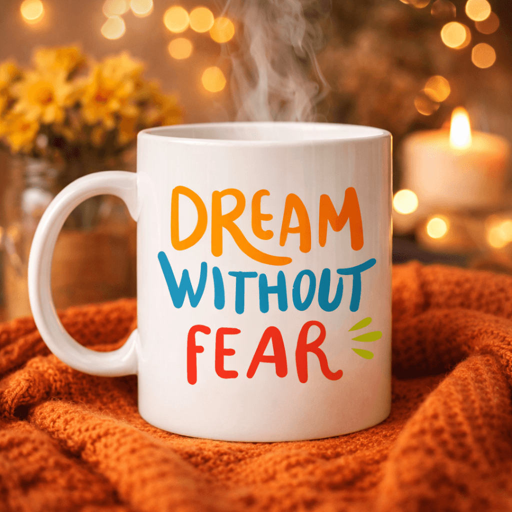 Dream Without Fear Yazılı Porselen Kupa MODEL 139 – Motivasyon Temalı, Renkli Tasarım, Kahve & Çay Kupası – Hediye Seçeneği