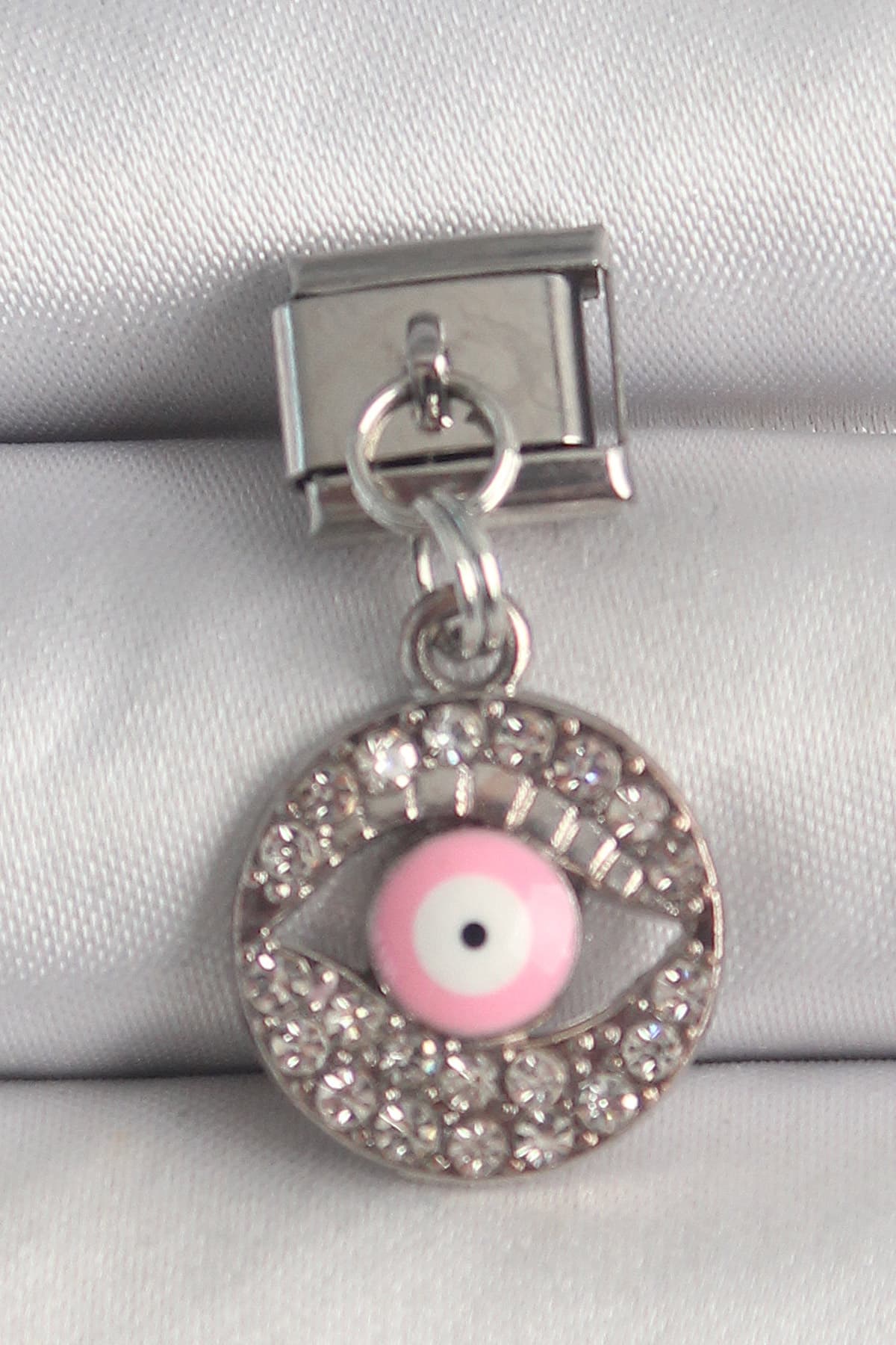 316L Çelik Gümüş Renk Sallantı Zirkon Taşlı Pembe Göz Model Charm