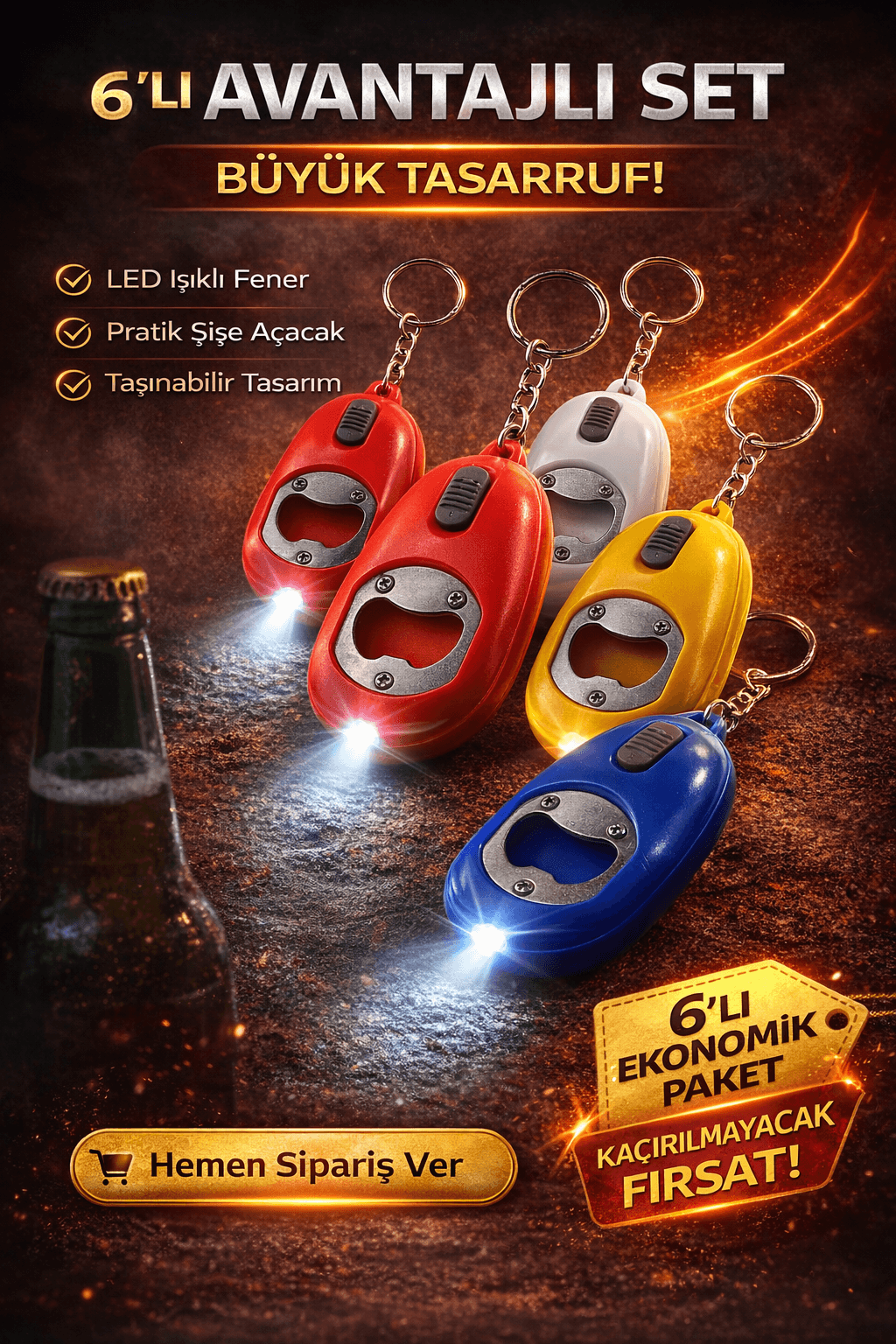 Mini LED Anahtarlık Fener Açacak Işıklı Şişe Açacak Anahtarlık 6 Adet