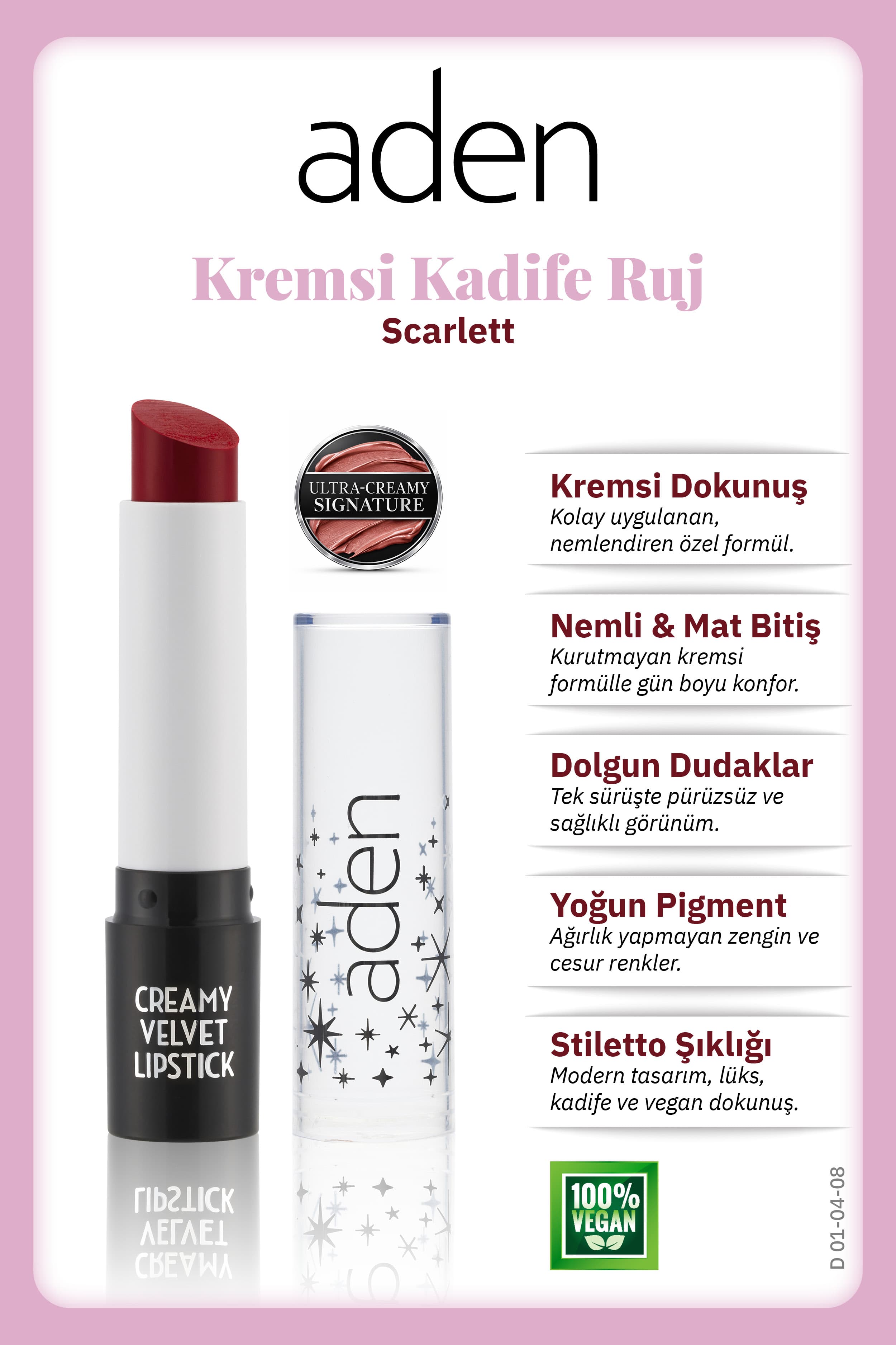Aden Creamy Velvet Lipstick - Kremsi Kadife Ruj 08 Scarlett(Kızıl)