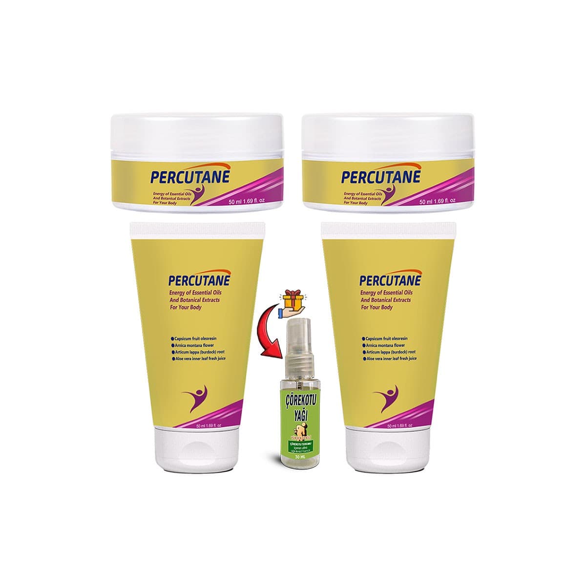 Percutane 2 Şer Tane Tüp + Kavanoz Kapsikum arnika montana dulavratotu Kökü Krem 50ml + Çörekotu Yağ