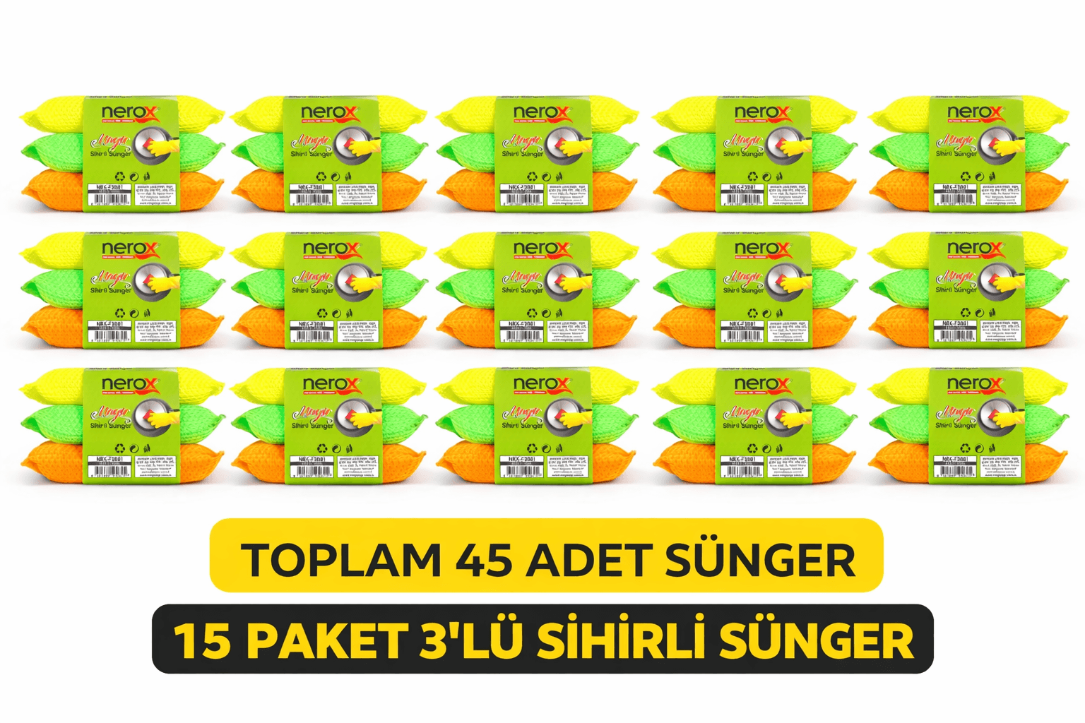 Nerox Magic Sihirli Sünger 3'lü 15 Paket Toplam 45 Adet Çok Amaçlı Temizlik Süngeri Mutfak Bulaşık Banyo Temizlik Süngeri