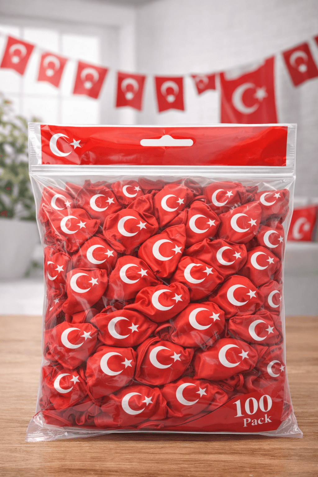 Ayyıldızlı Kırmızı Balon Seti Türk Bayraklı Parti Balonu Dayanıklı Latex Balon 100 Adet
