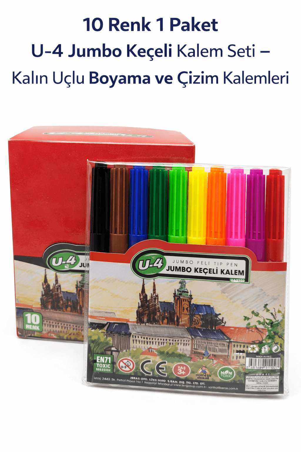 U-4 Keçeli Kalem Seti 10 Renk – Kalın Uçlu Boyama ve Çizim Kalemi Seti (1 Paket)