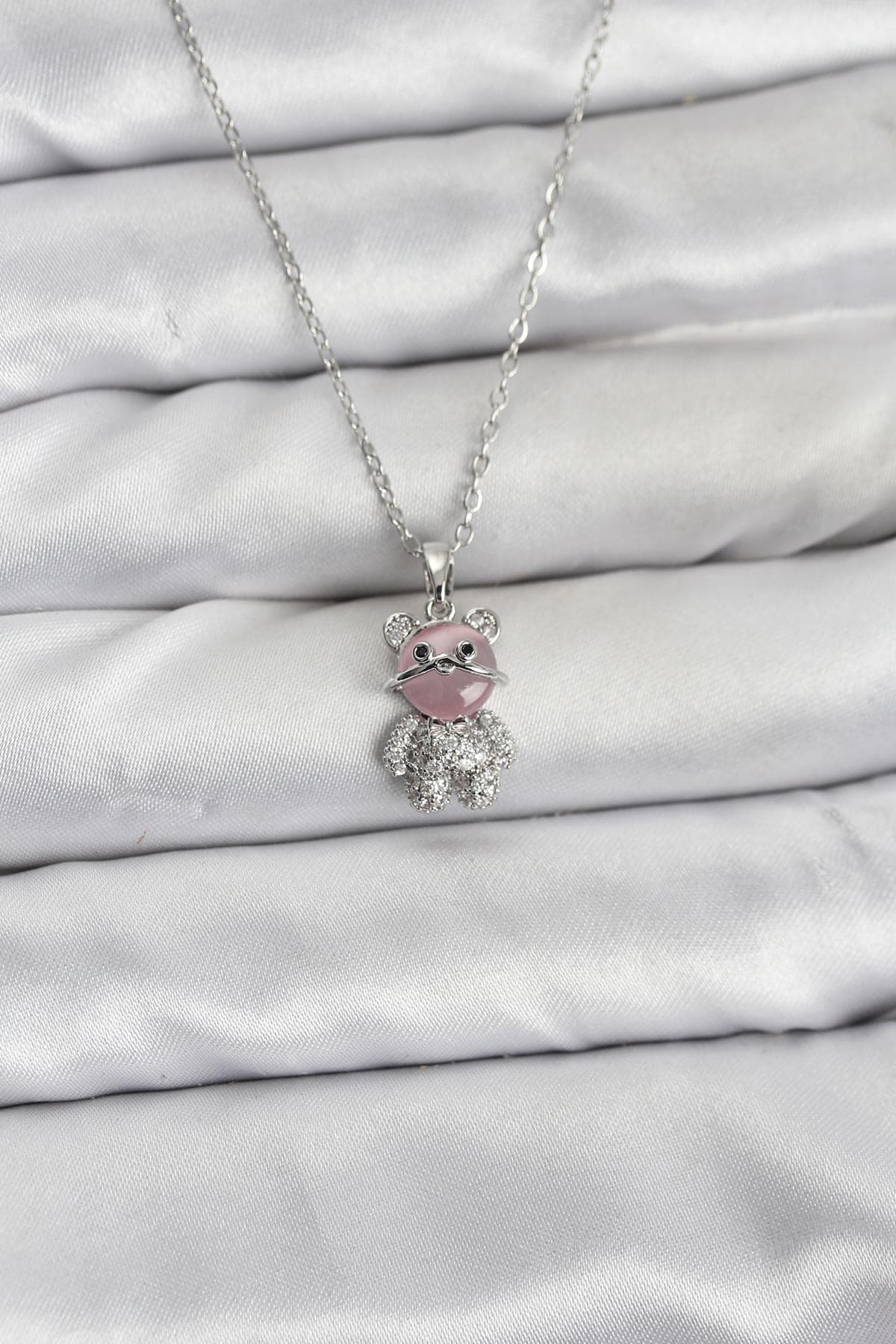 316L Çelik Zincir Gümüş Renk Teddy Bear Model Zirkon Taşlı Kadın Kolye