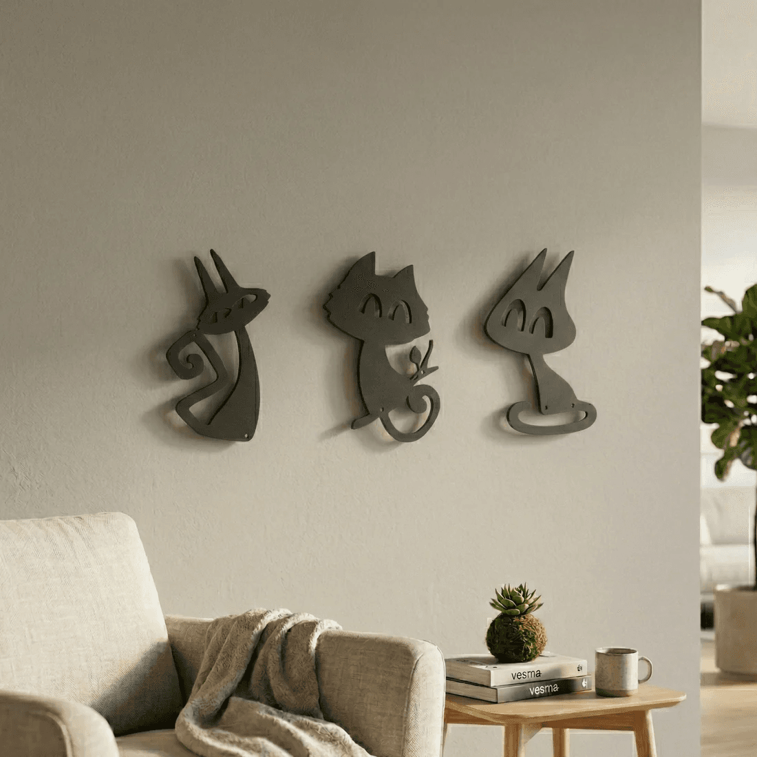 3’lü Dekoratif Kedi Duvar Tablosu MDF Lazer Kesim Modern Duvar Süsü Minimal Kedi Figürlü Dekor