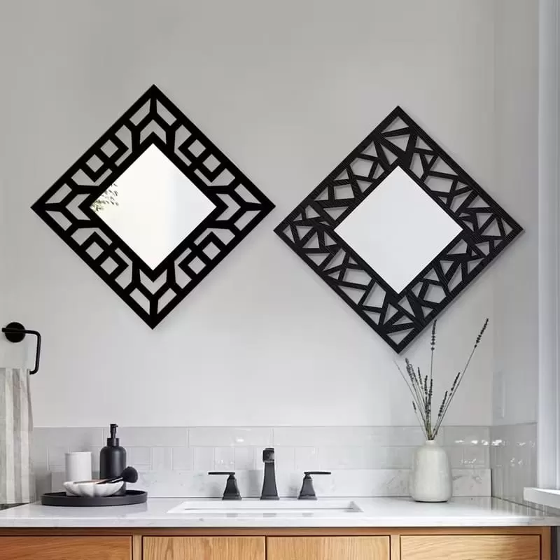 2'li Set Kırılmaz Pleksi Dekoratif Duvar Aynası - 22.5x22.5 cm Geometrik Çerçeveli 1. Sınıf Ayna