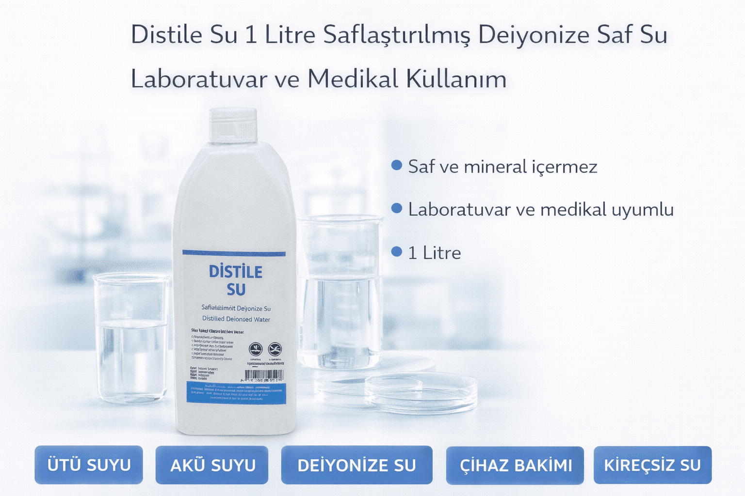 Distile Su 1 Litre Saflaştırılmış Deiyonize Saf Su Laboratuvar ve Medikal Kullanım 1 ADET