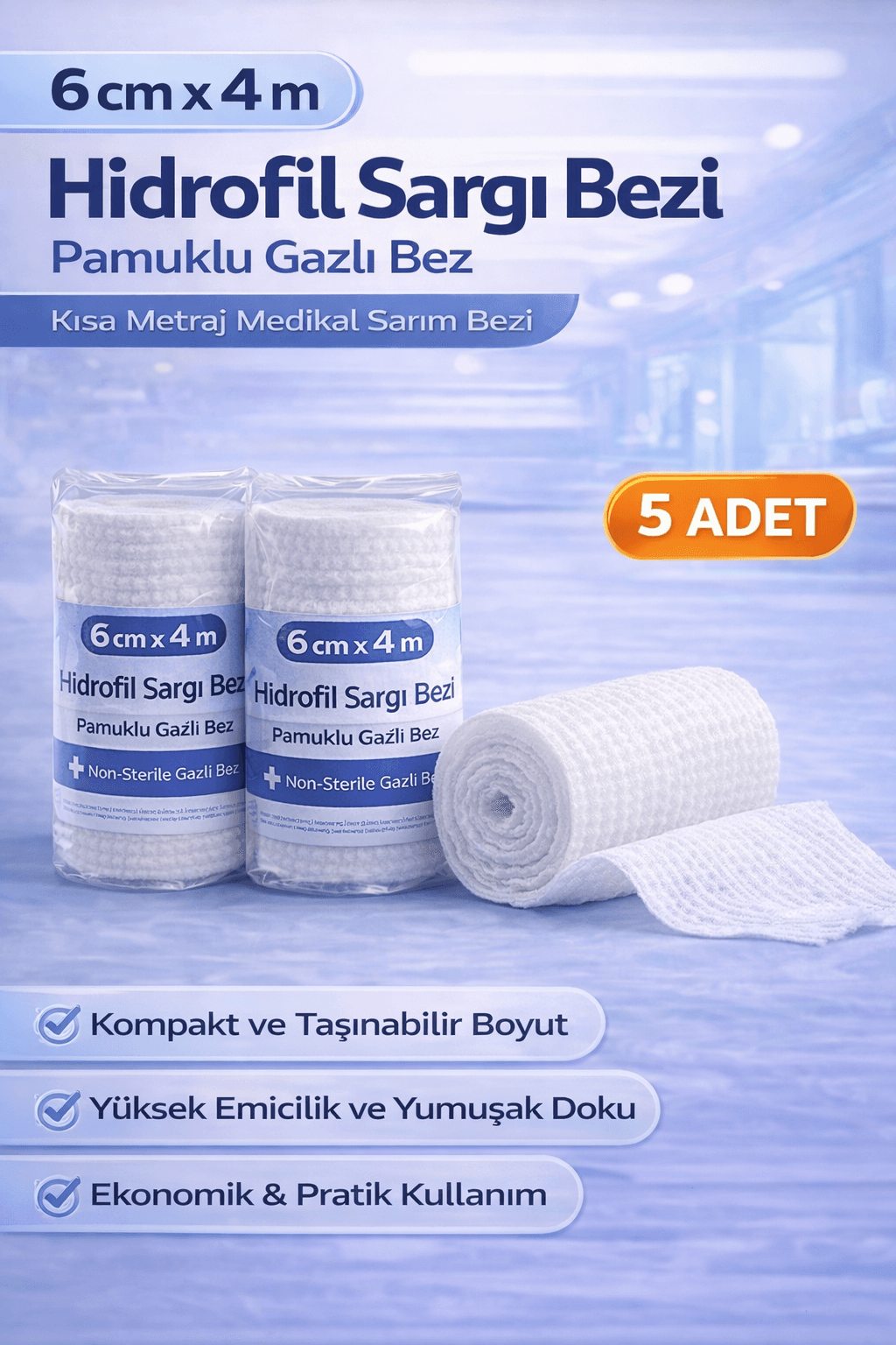 6 cm x 4 m Hidrofil Sargı Bezi Pamuklu Gazlı Bez Kısa Metraj Medikal Sarım Bezi 5 Adet