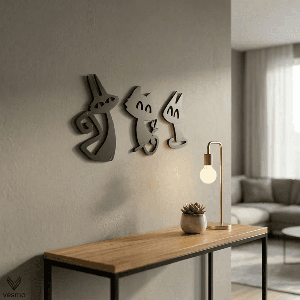 3’lü Dekoratif Kedi Duvar Tablosu MDF Lazer Kesim Modern Duvar Süsü Minimal Kedi Figürlü Dekor