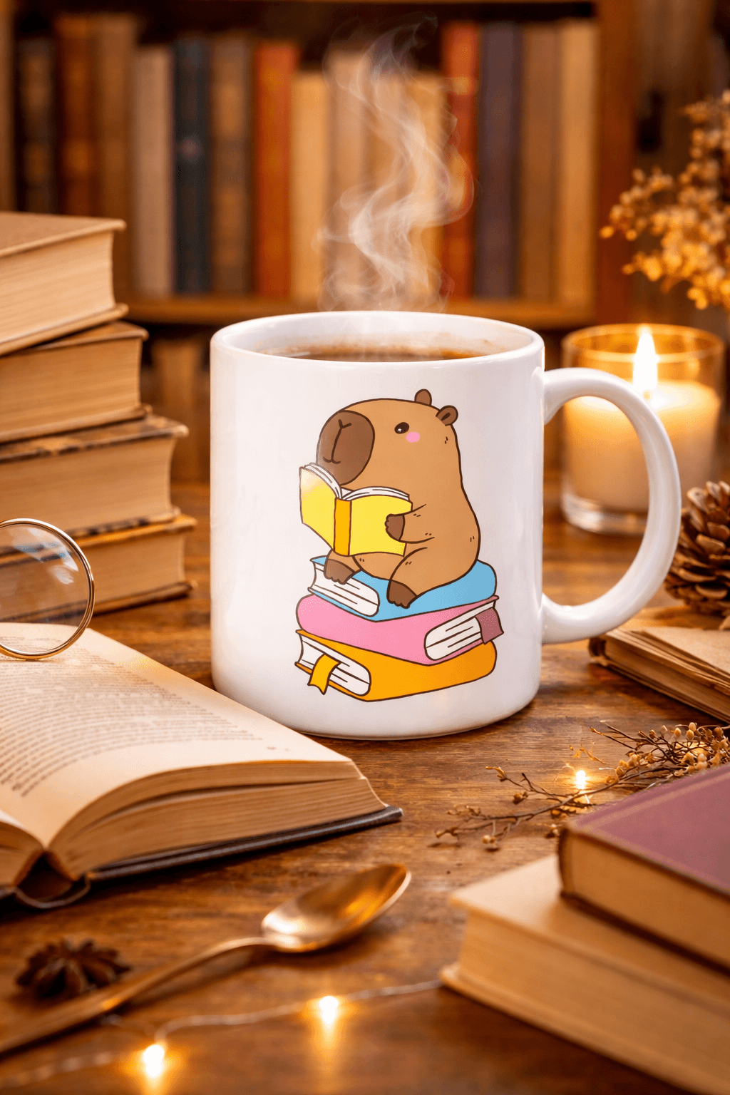 Kitap Okuyan Kapibara Tasarımlı Porselen Kupa MODEL 100 – Kahve & Çay Keyfi İçin Sıcacık ve Sevimli Tasarım CAPYBARA